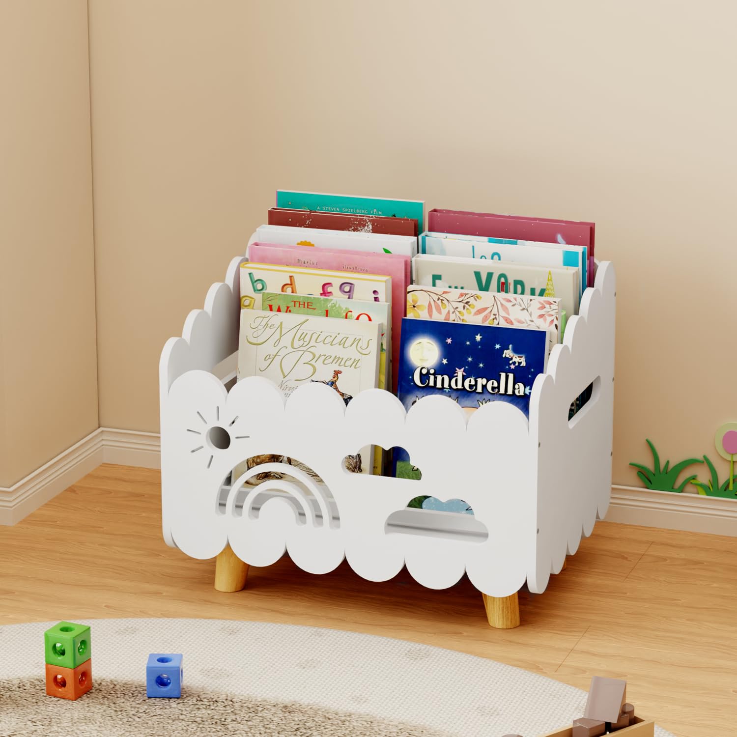 BPMFDTNL wood kids bookshelf with a low profile, easy reach for independent book access.