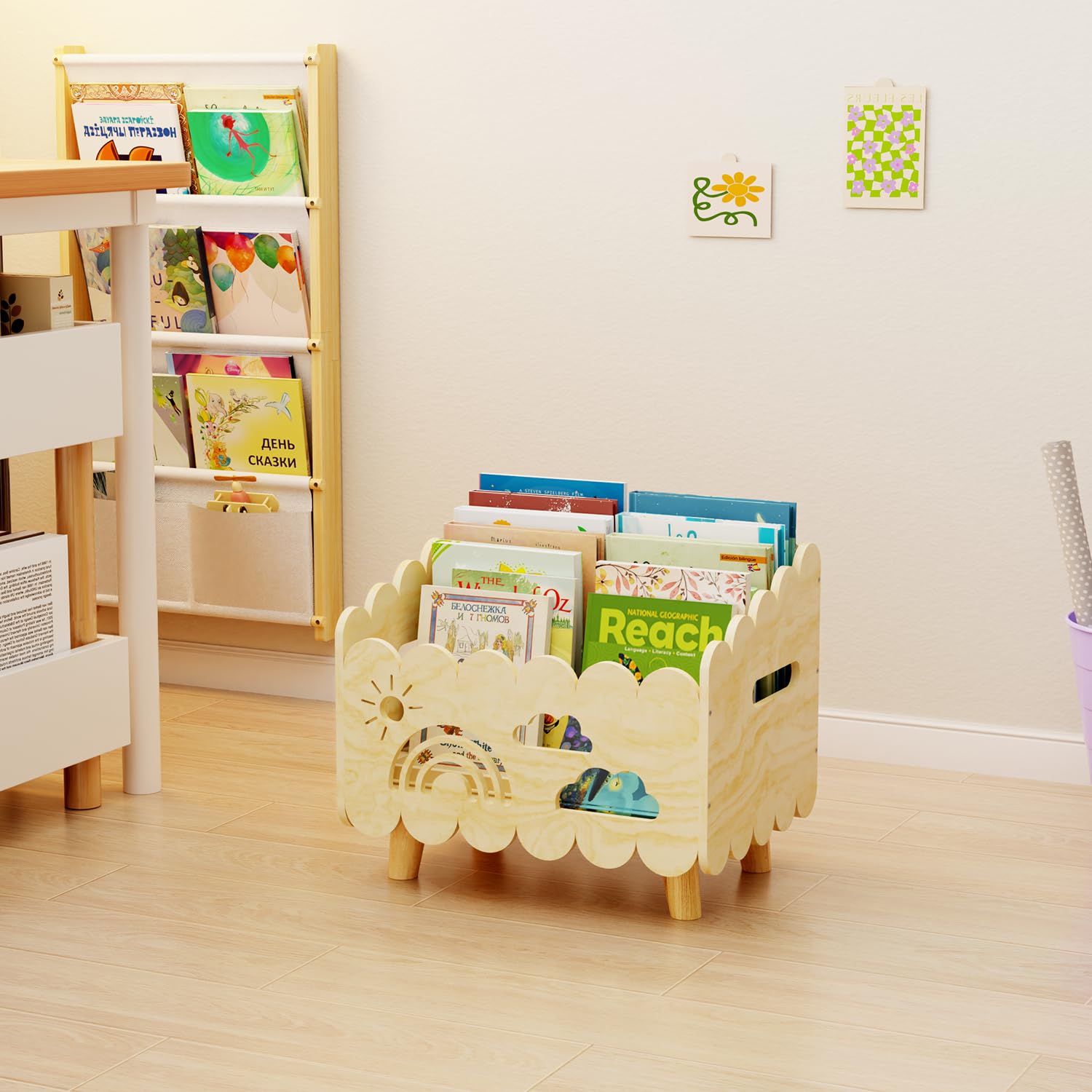 BPMFDTNL multi-functional shelf stores books, toys, art supplies.