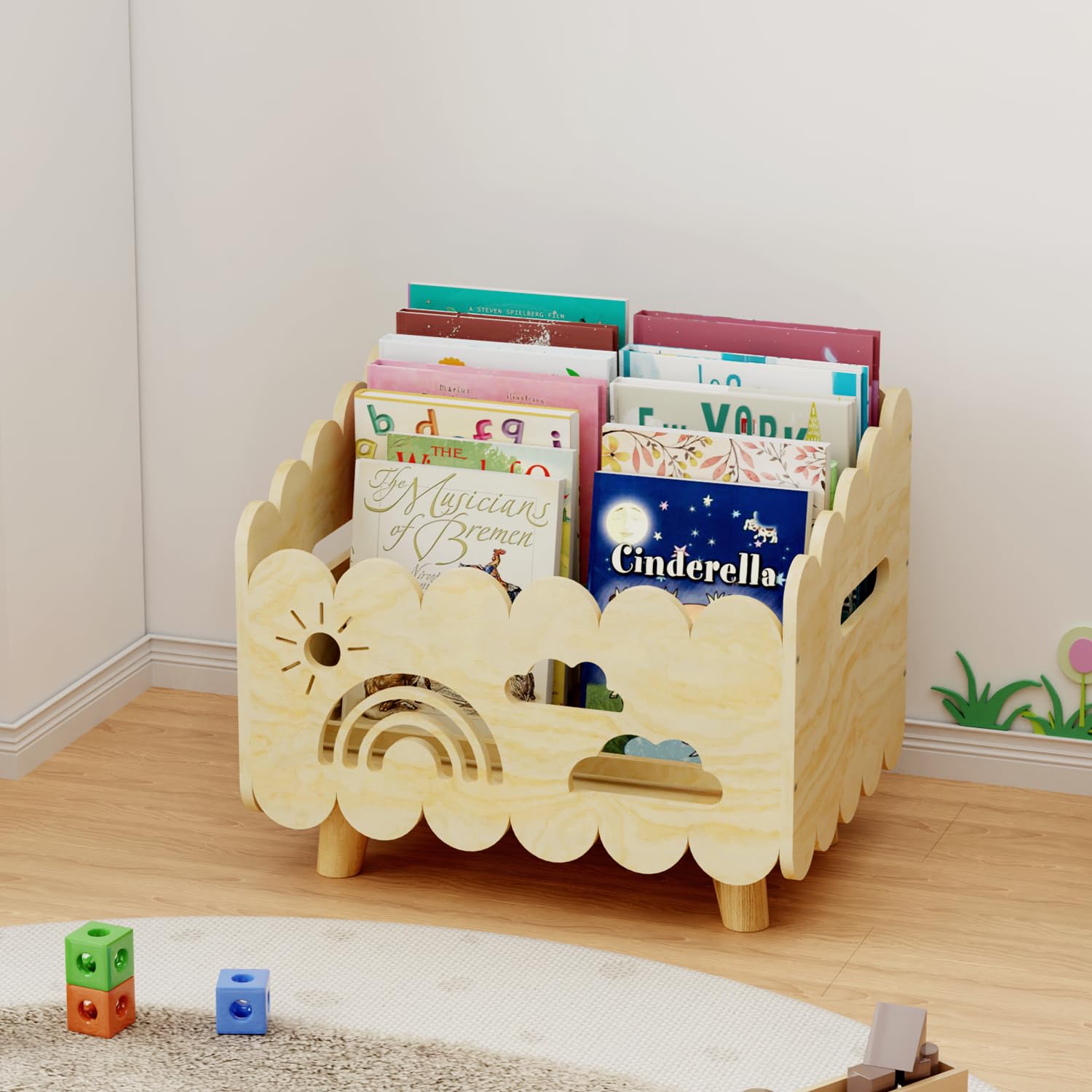 BPMFDTNL wood kids bookshelf with low profile basket shape for easy reach.