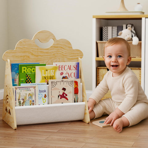 BPMFDTNL Wood Kids Bookshelf with a low-profile design for kid-friendly access.