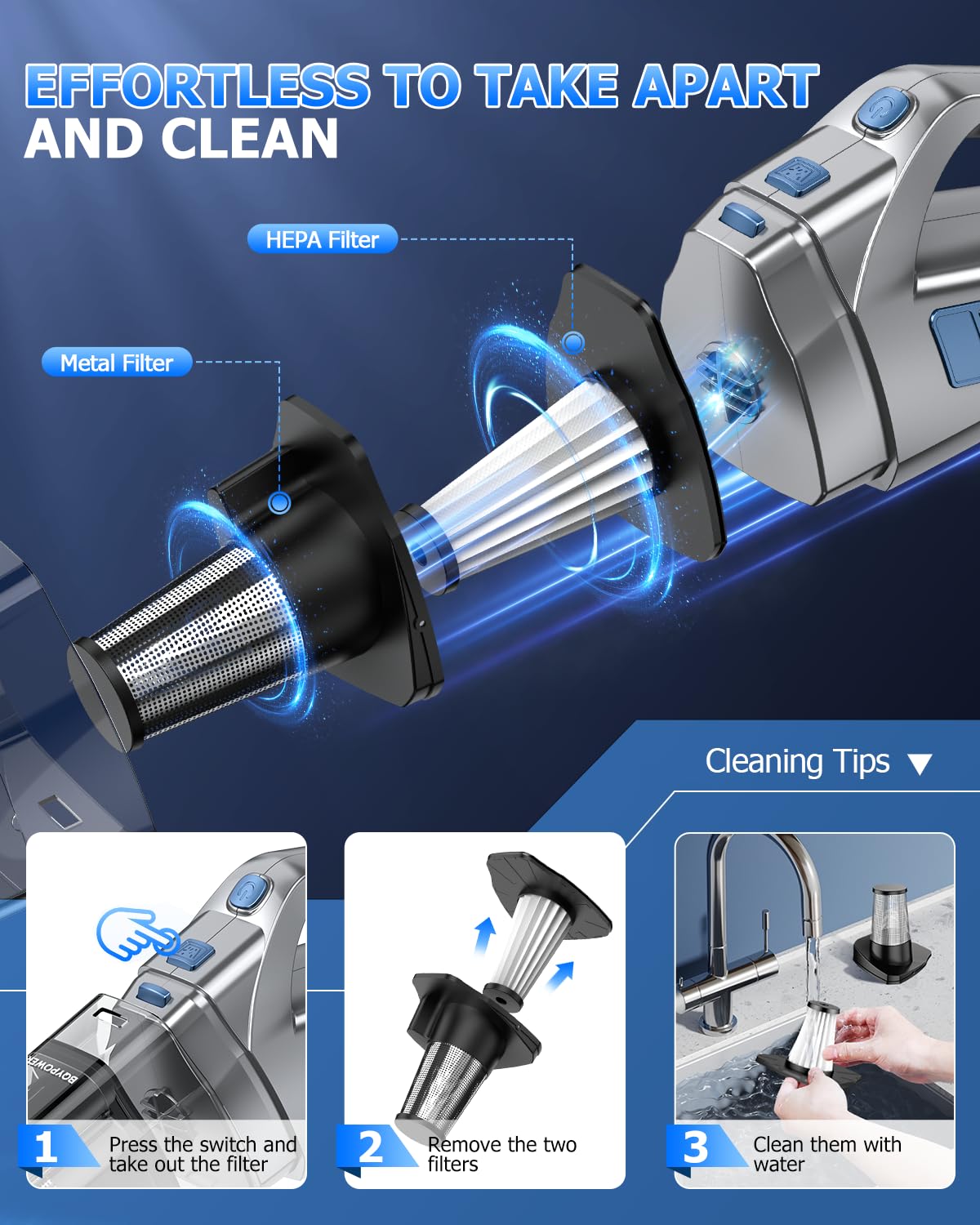 BQYPOWER compact car vacuum cleans stairs and tight spots