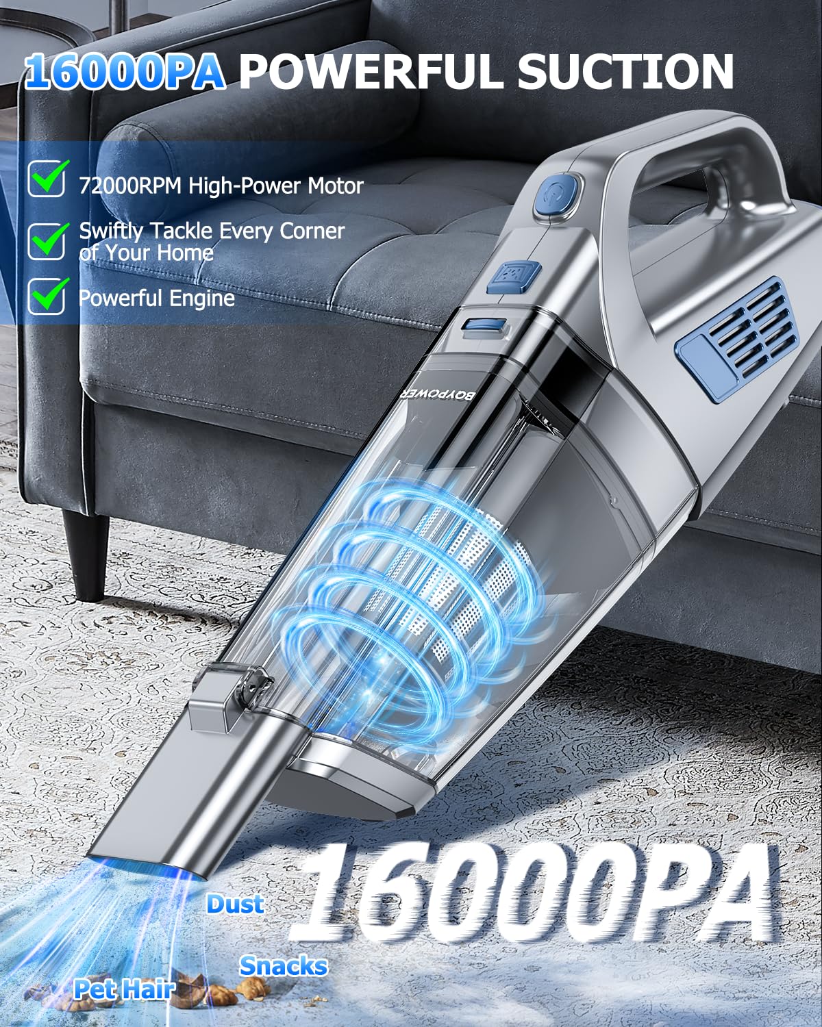 BQYPOWER cordless vacuum with three attachments for versatile surfaces