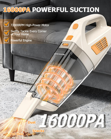BQYPOWER 16000PA suction demonstrates strong cleaning power for dirt and hair.