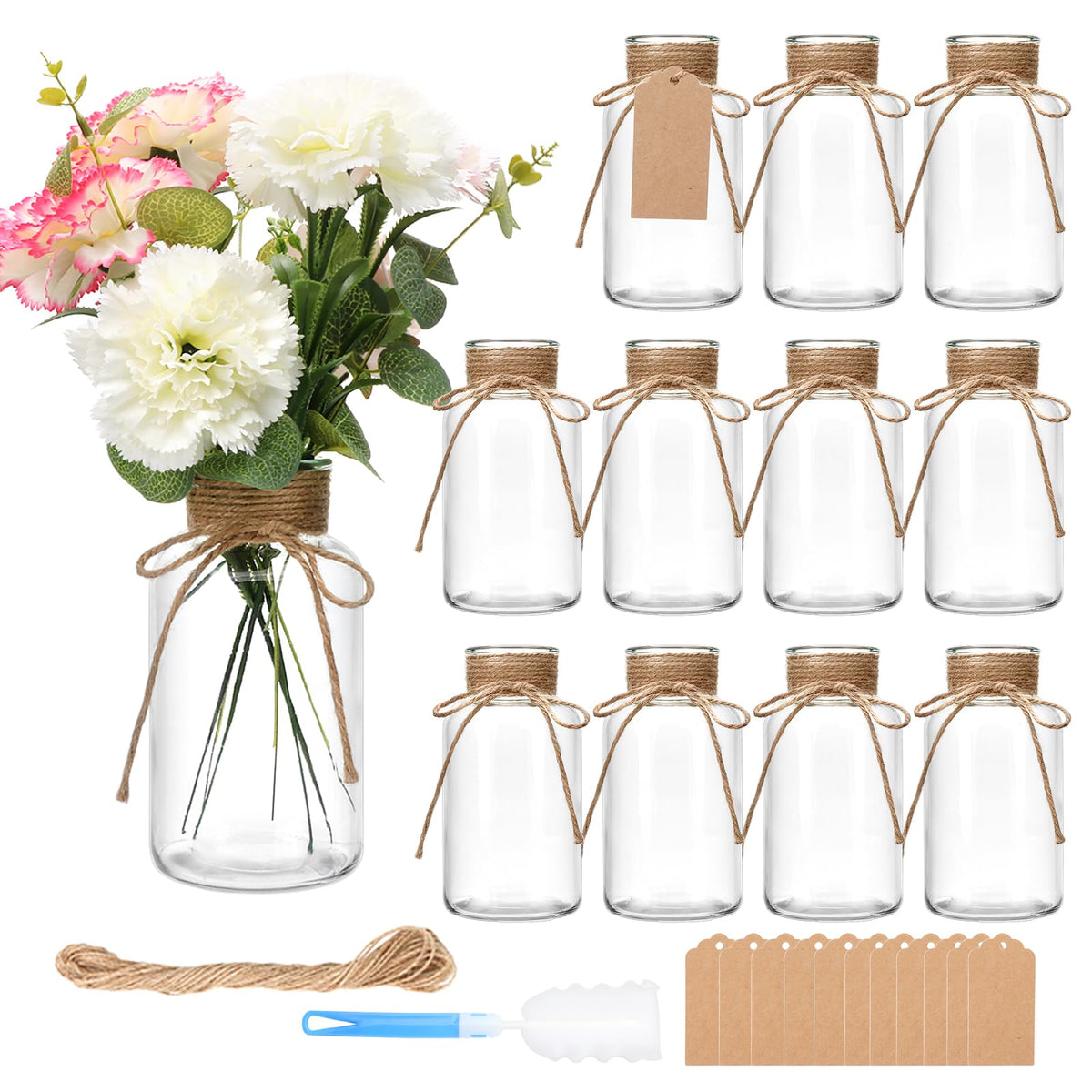 Brajttt 12-pack glass flower vases with rope neck for rustic centerpieces