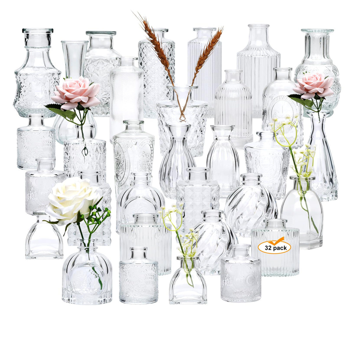 Brajttt glass bud vase 32pc set displays elegant stems with vintage charm.