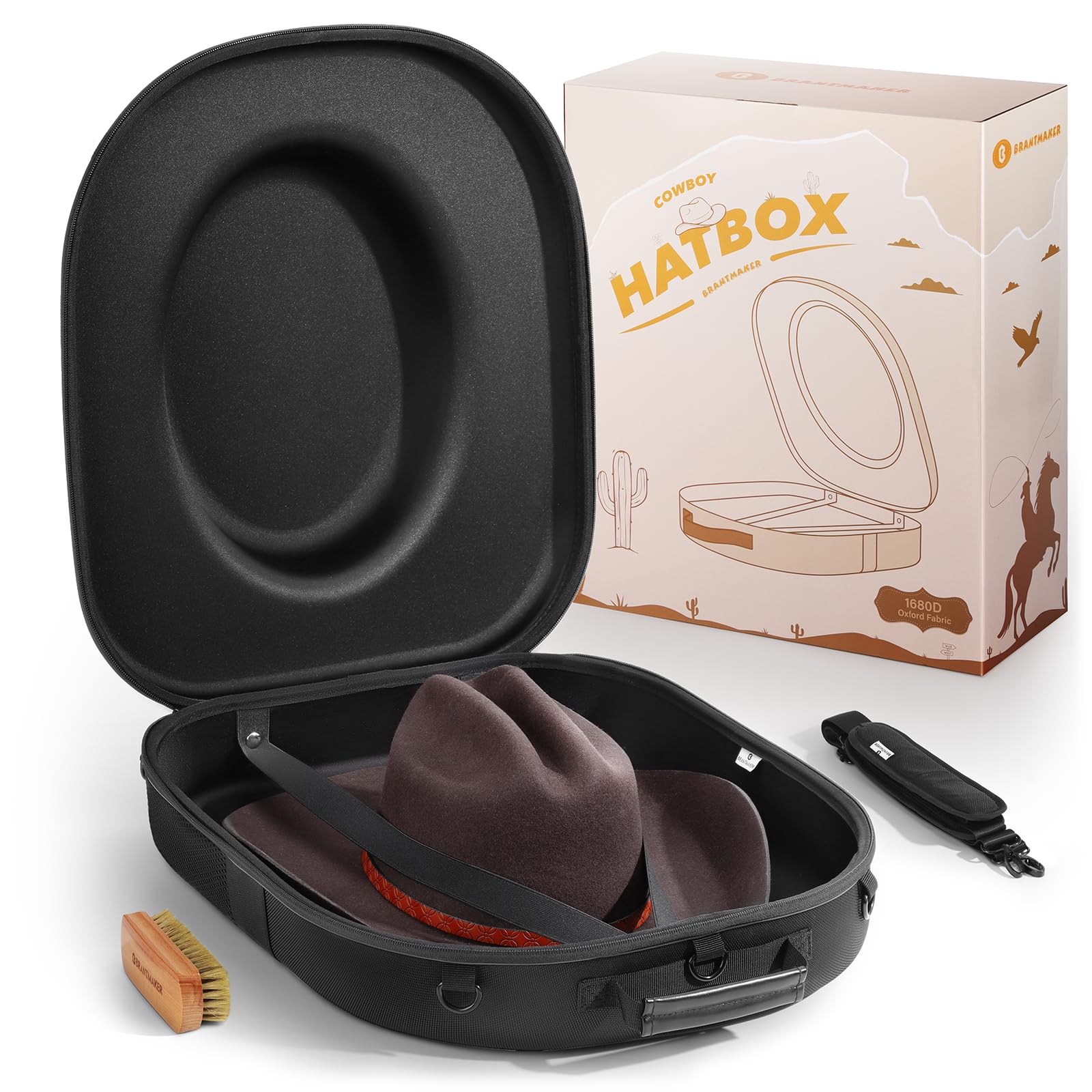 BRANTMAKER Cowboy Hat Box exterior shows rugged shell for travel protection.