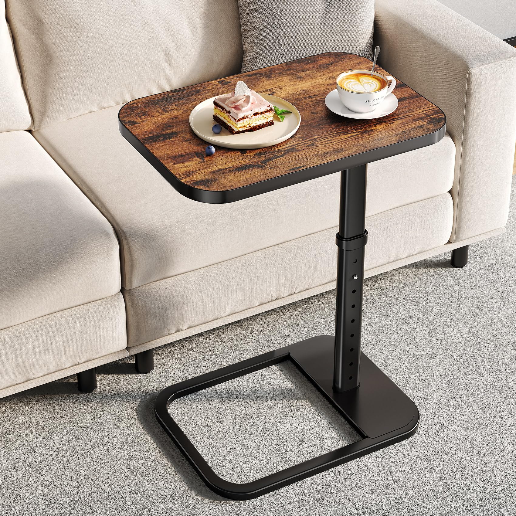 Branwick adjustable-height TV tray table side view in brown, ideal for sofa-side use.