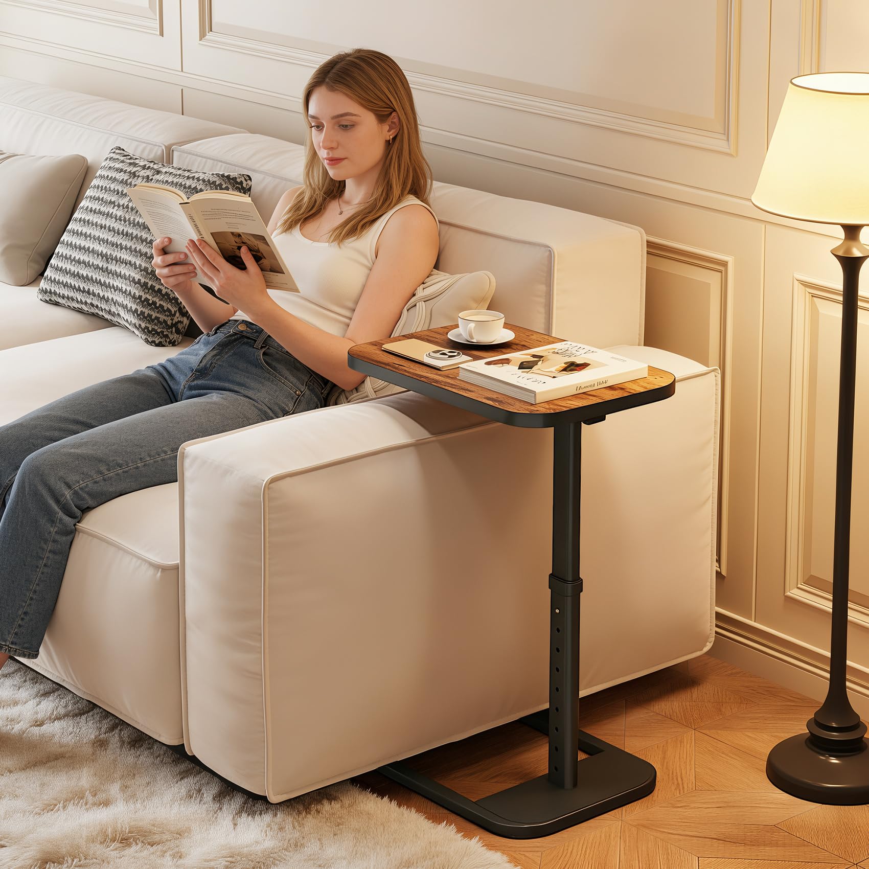 Branwick TV tray table showing 9-position height from 19 to 30 inches for diverse tasks.