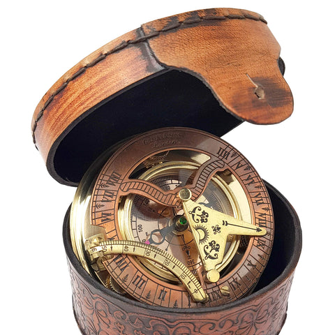 Brass Nautical sundial compass in a box, elegant travel-ready timepiece.
