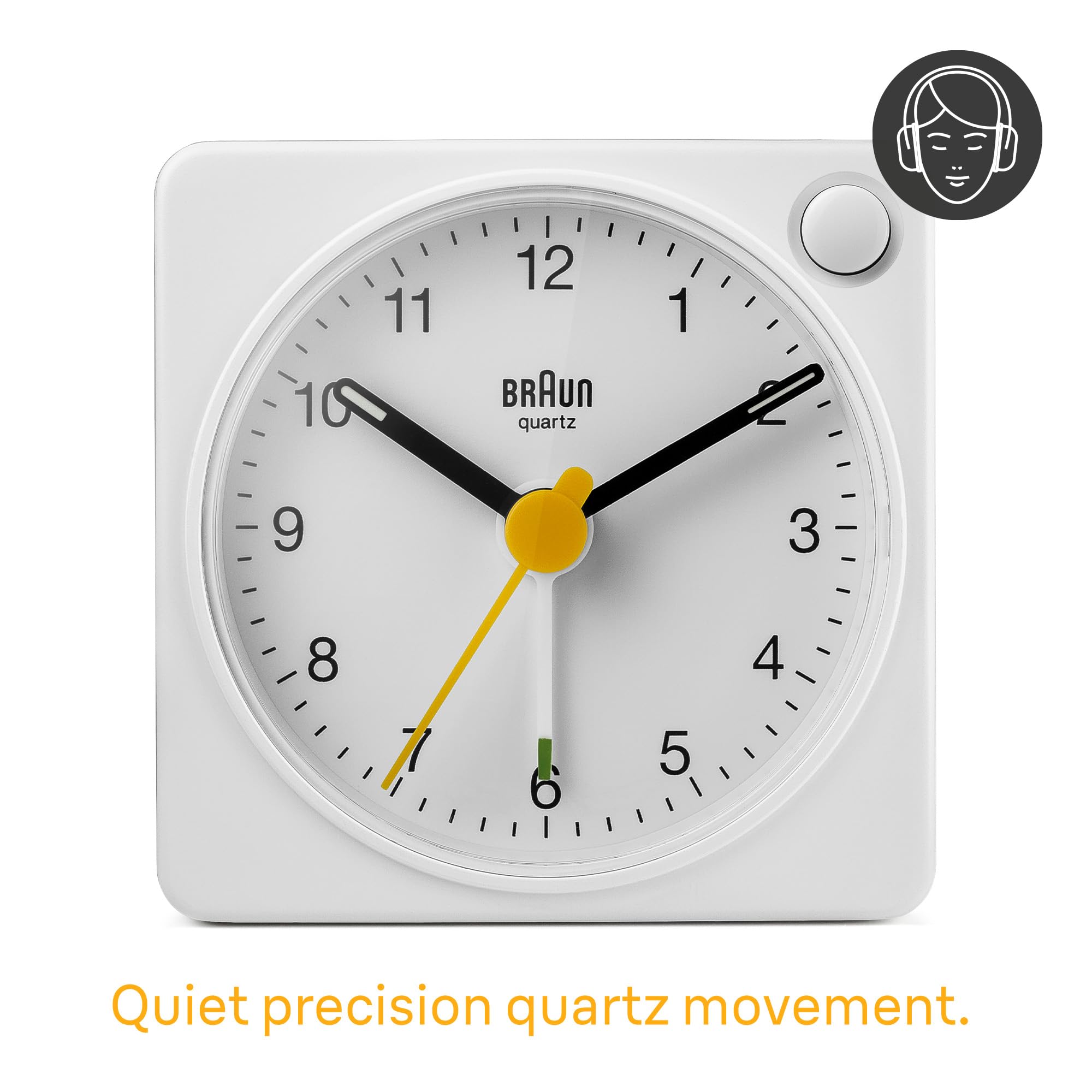 Braun BC02XW compact travel clock beside a suitcase, ideal for on-the-road mornings.