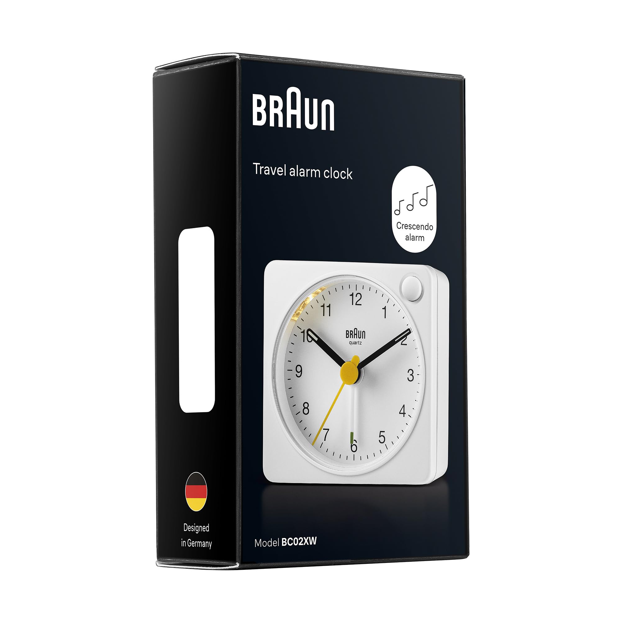 Braun BC02XW with quiet quartz movement provides serene bedside operation.
