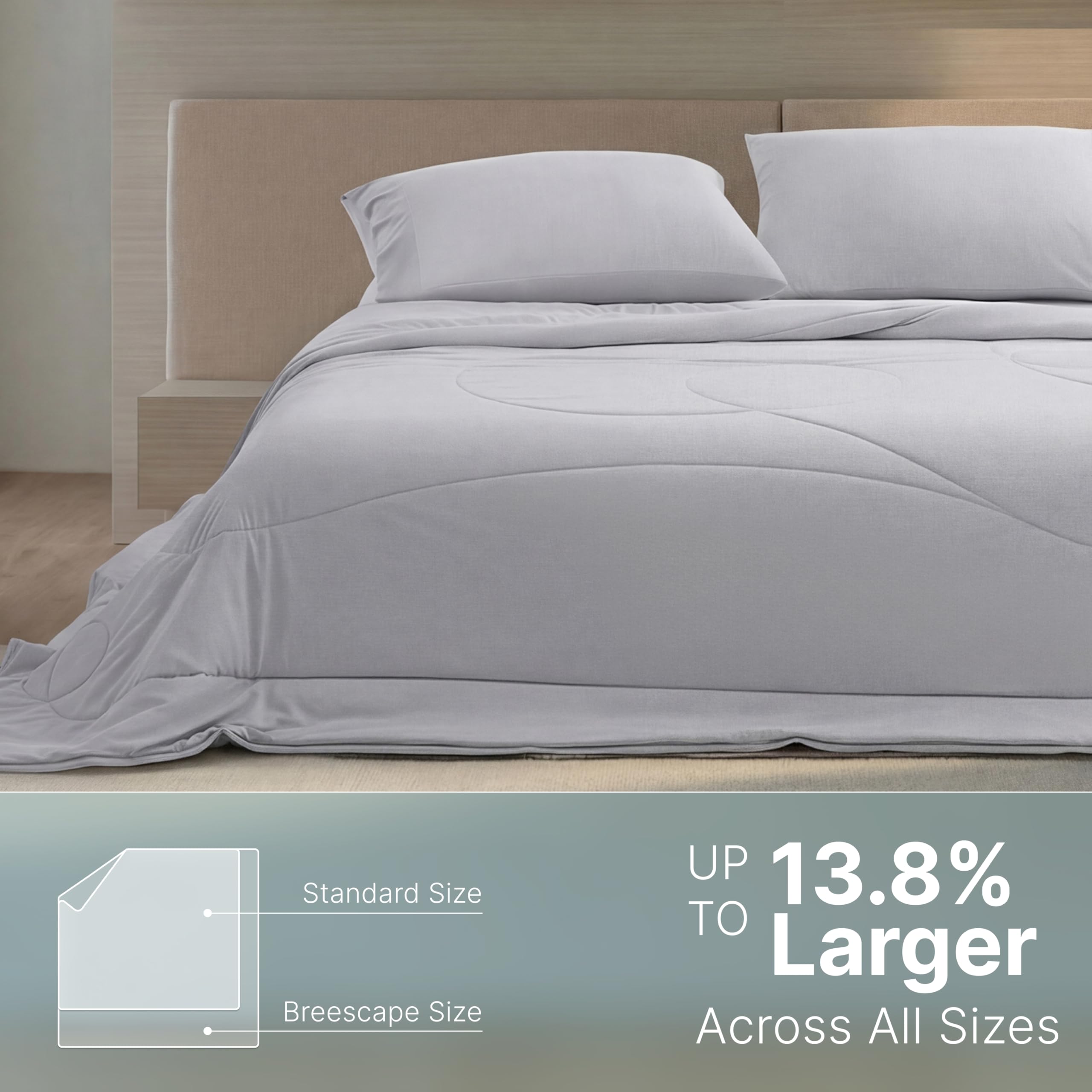 Breescape cooling comforter king draped bed showcasing generous coverage and relaxed breathable sleep