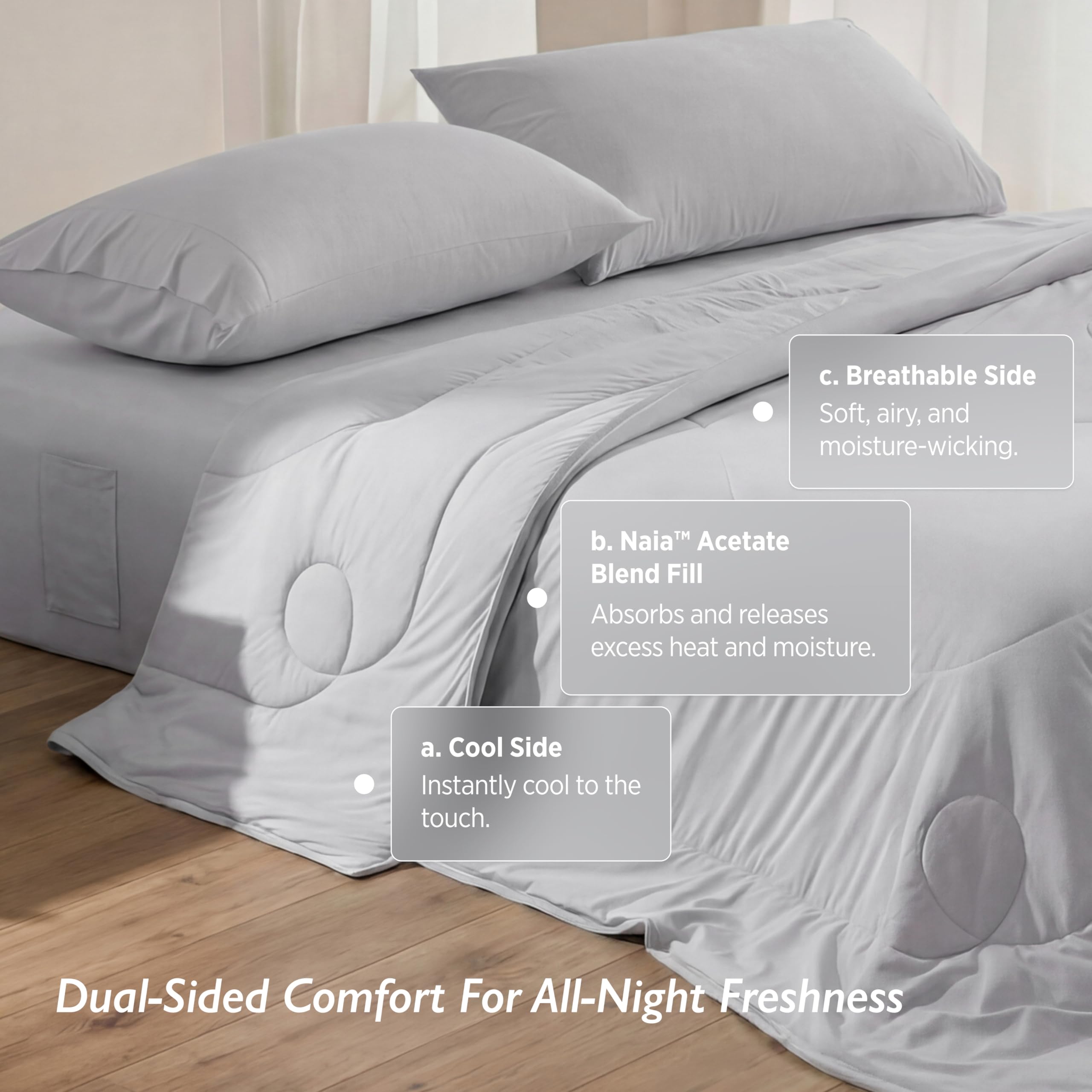 Breescape Misty Gray bedding draped on bed demonstrates generous coverage and seasonal comfort