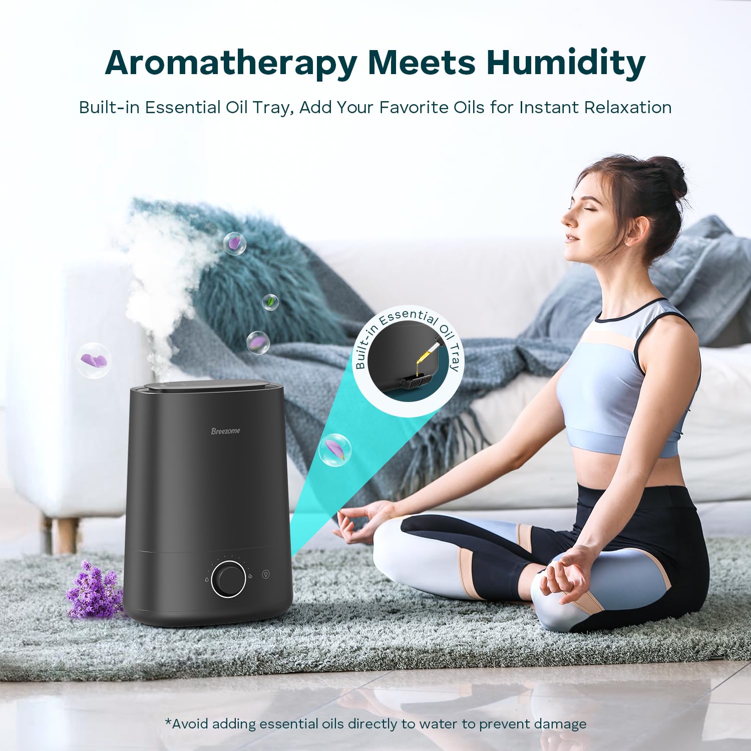BREEZOME 360-degree mist outlet directs humidity where you need it.