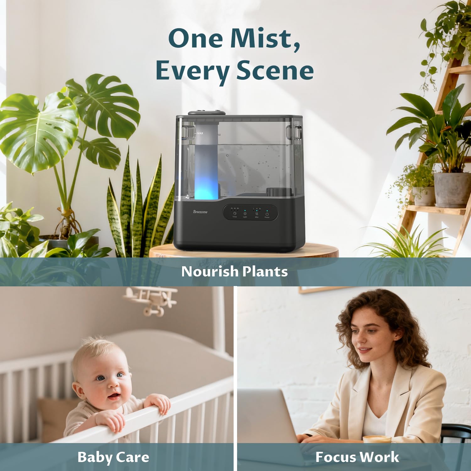 BREEZOME 360° dual nozzles deliver fine mist across the room.