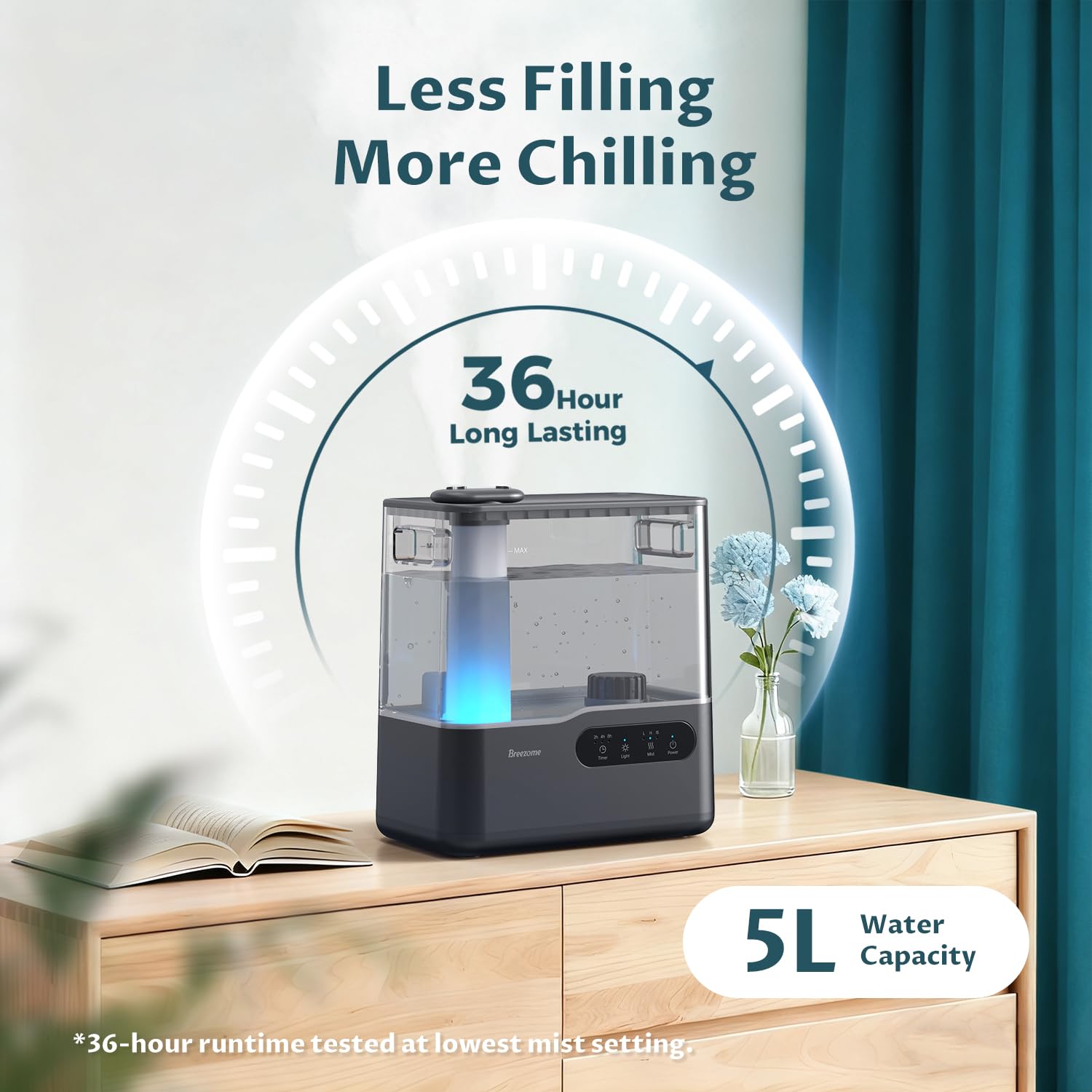 BREEZOME 5L humidifier with essential oil tray for aroma experiences.