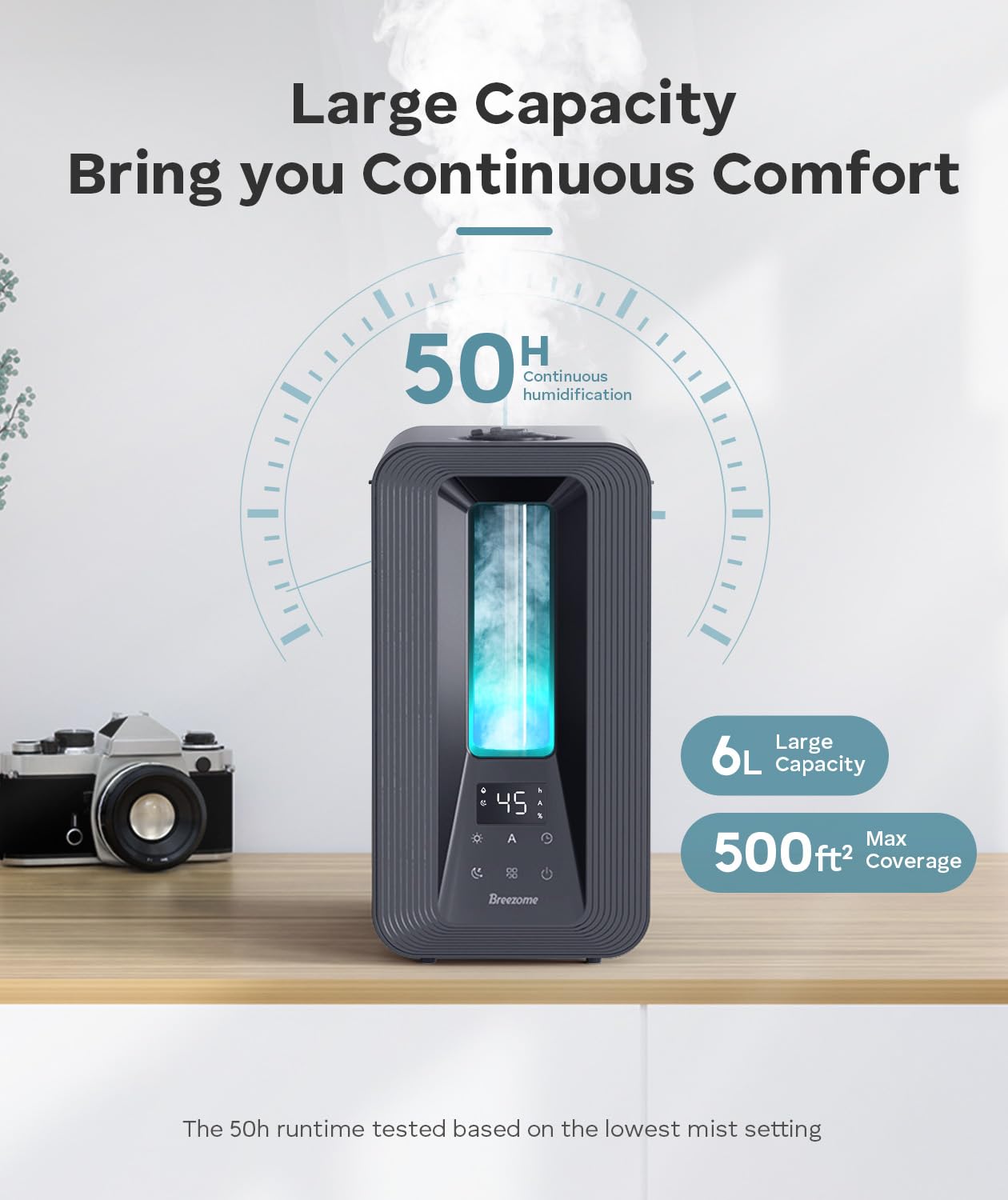 BREEZOME 6L humidifier 5μm mist outlet delivering fine air moisture