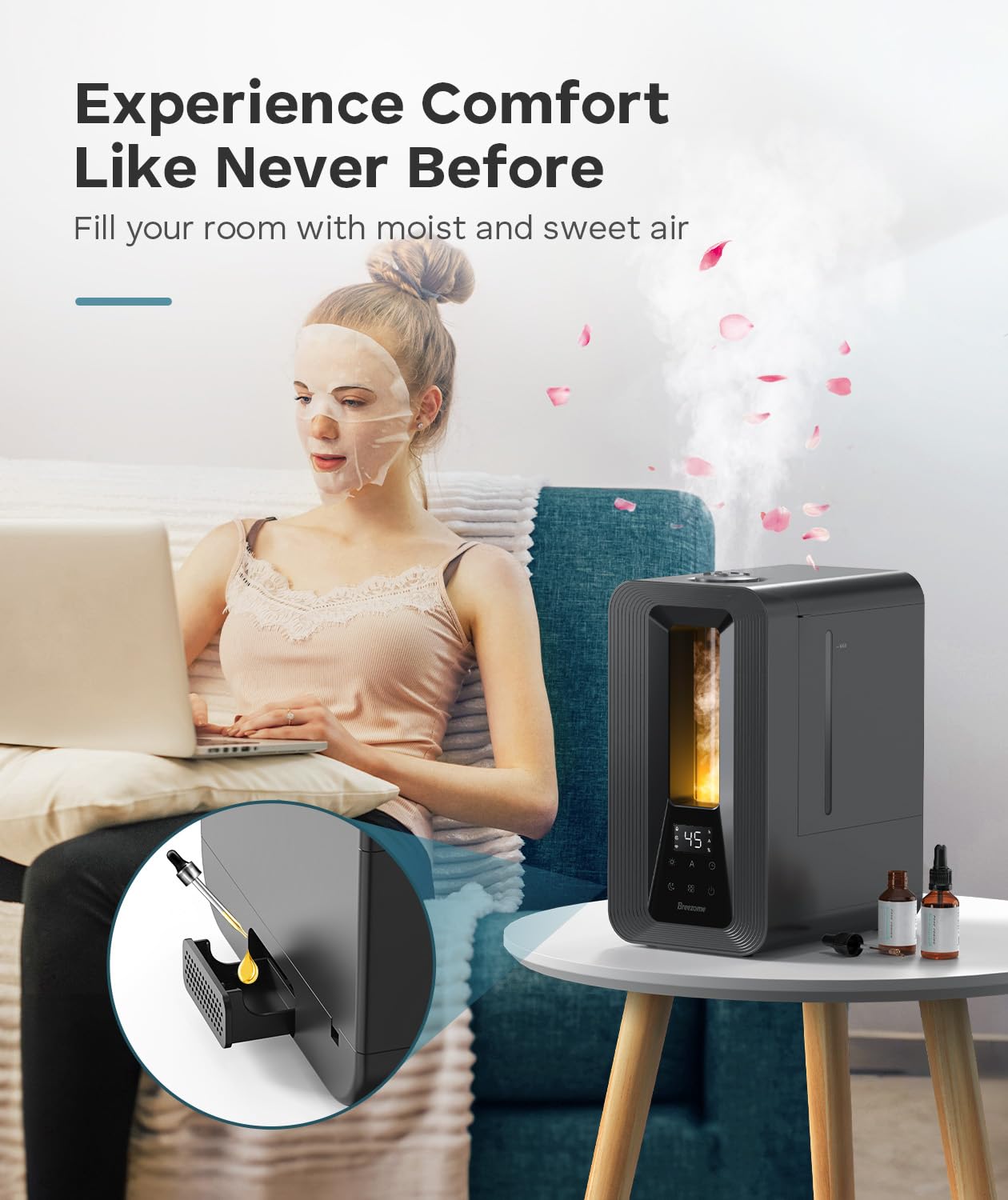 BREEZOME 6L humidifier uses automatic humidistat to maintain comfortable humidity