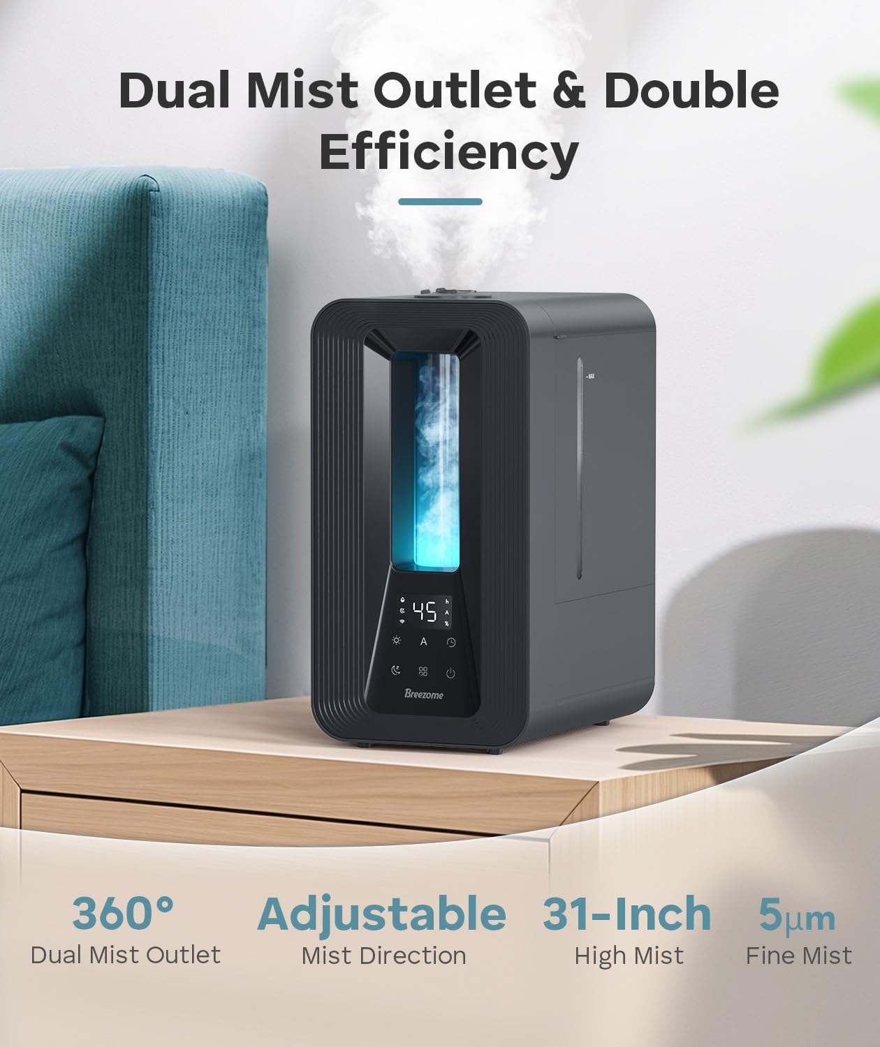 BREEZOME 6L humidifier with dual 360° nozzles for wide mist coverage