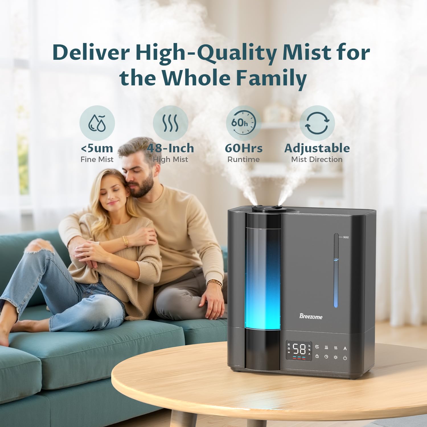 BREEZOME 8L humidifier up to 60 hours runtime on low mist.