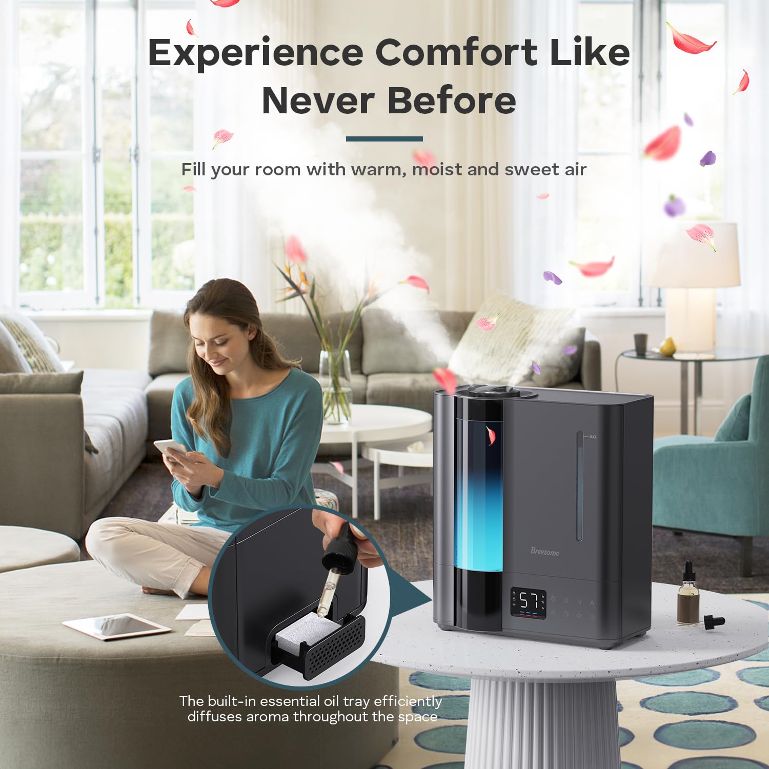 BREEZOME 8L humidifier ambient warm white lighting enhances cozy spaces.