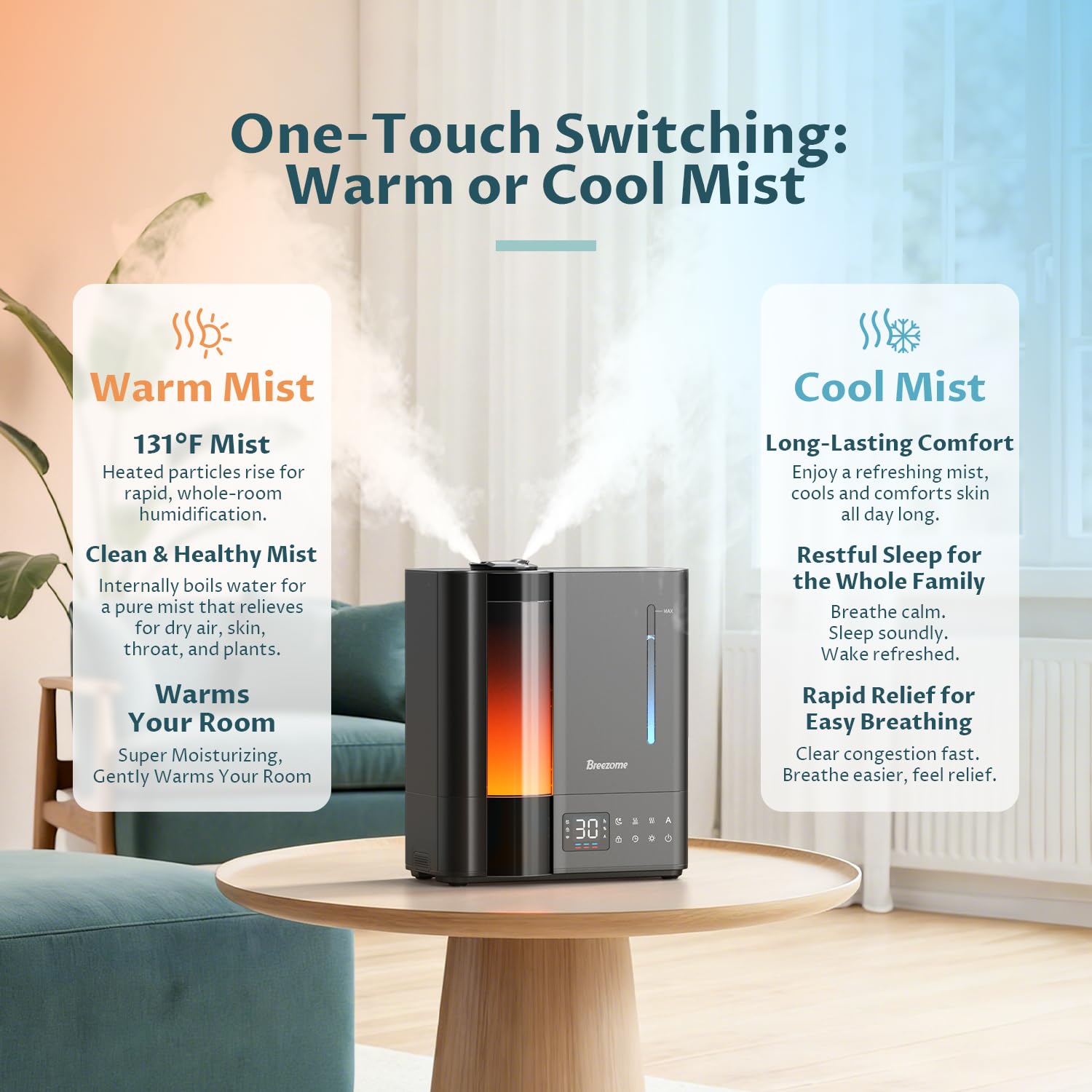 BREEZOME 8L humidifier with auto humidistat maintains comfort automatically.
