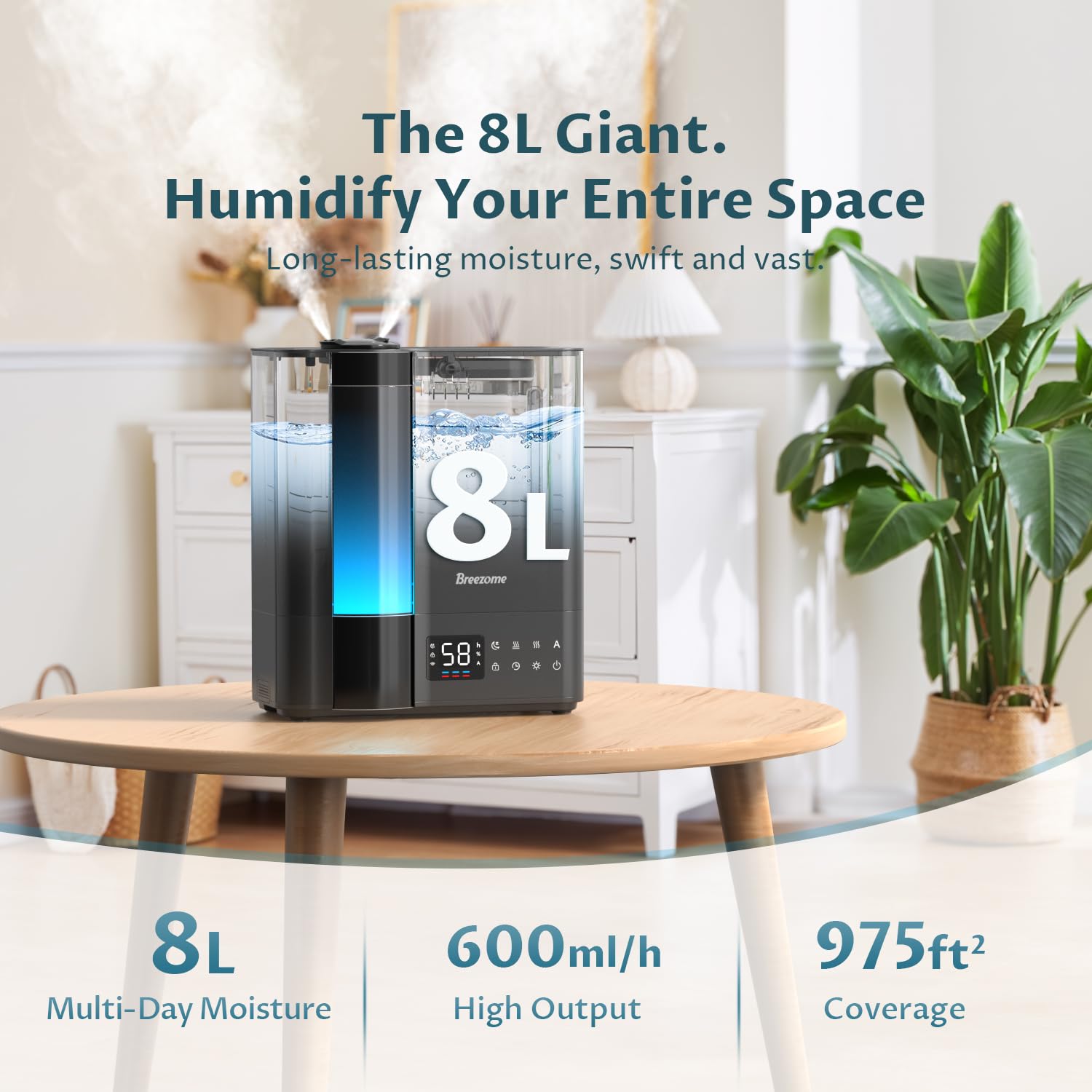 BREEZOME 8L humidifier cool mist option for all-day hydration.
