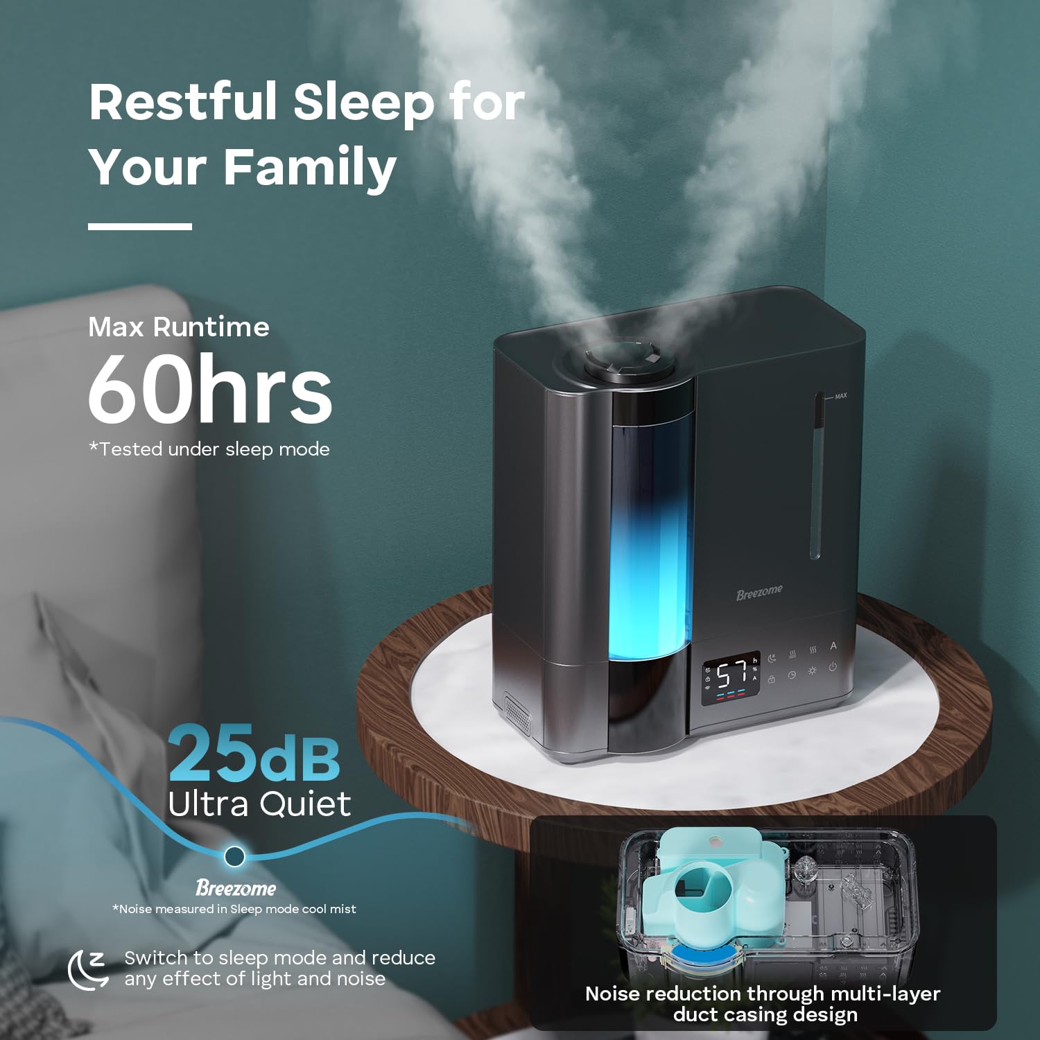 BREEZOME 8L humidifier essential oil diffuser tray adds subtle fragrance.