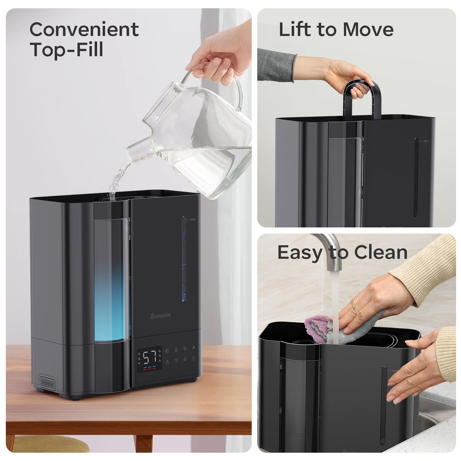 BREEZOME 8L humidifier rainbow light cycle for spa-like ambience.