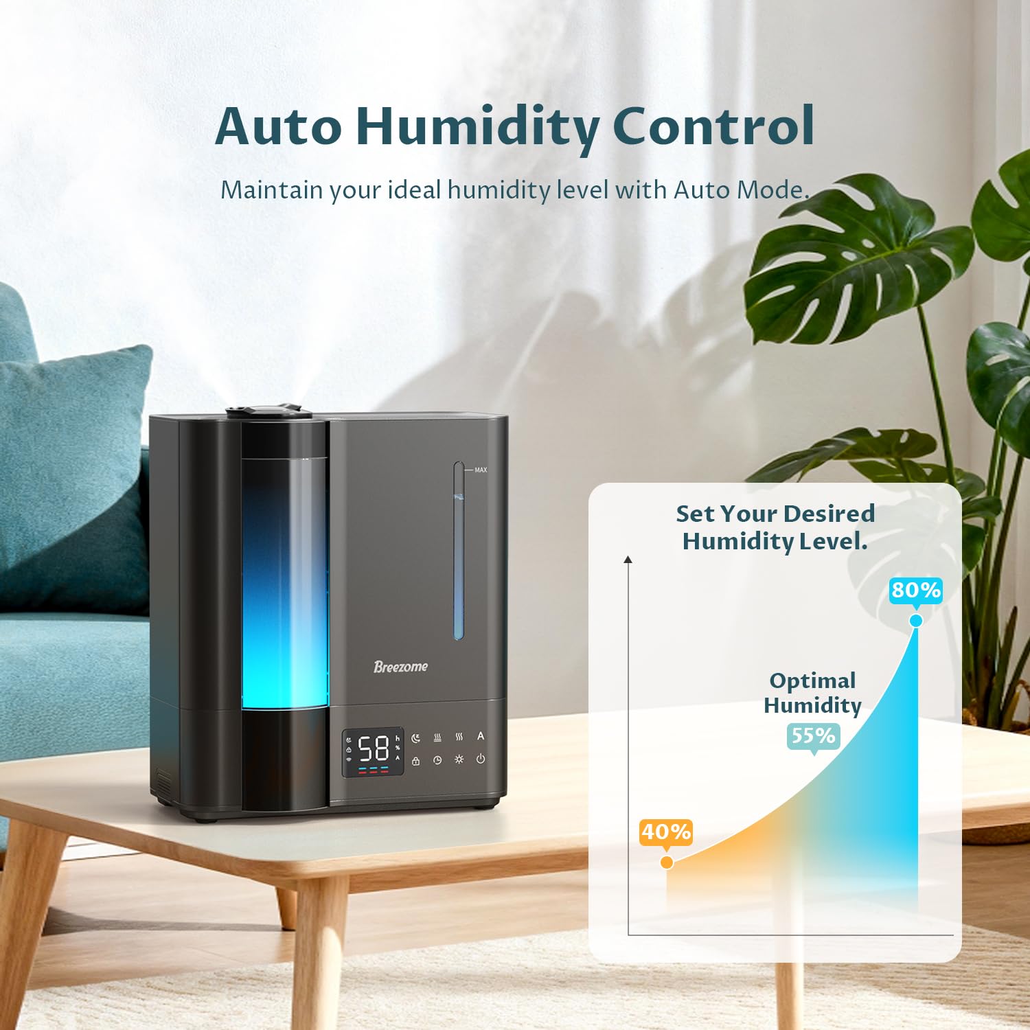 BREEZOME 8L humidifier ultra-quiet operation for peaceful bedrooms.