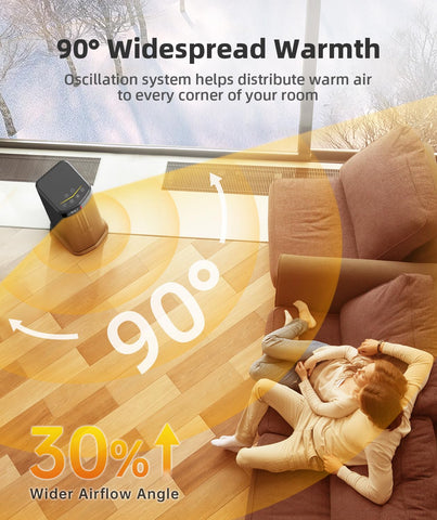BREEZOME space heater with 90° oscillation for full-room warmth.