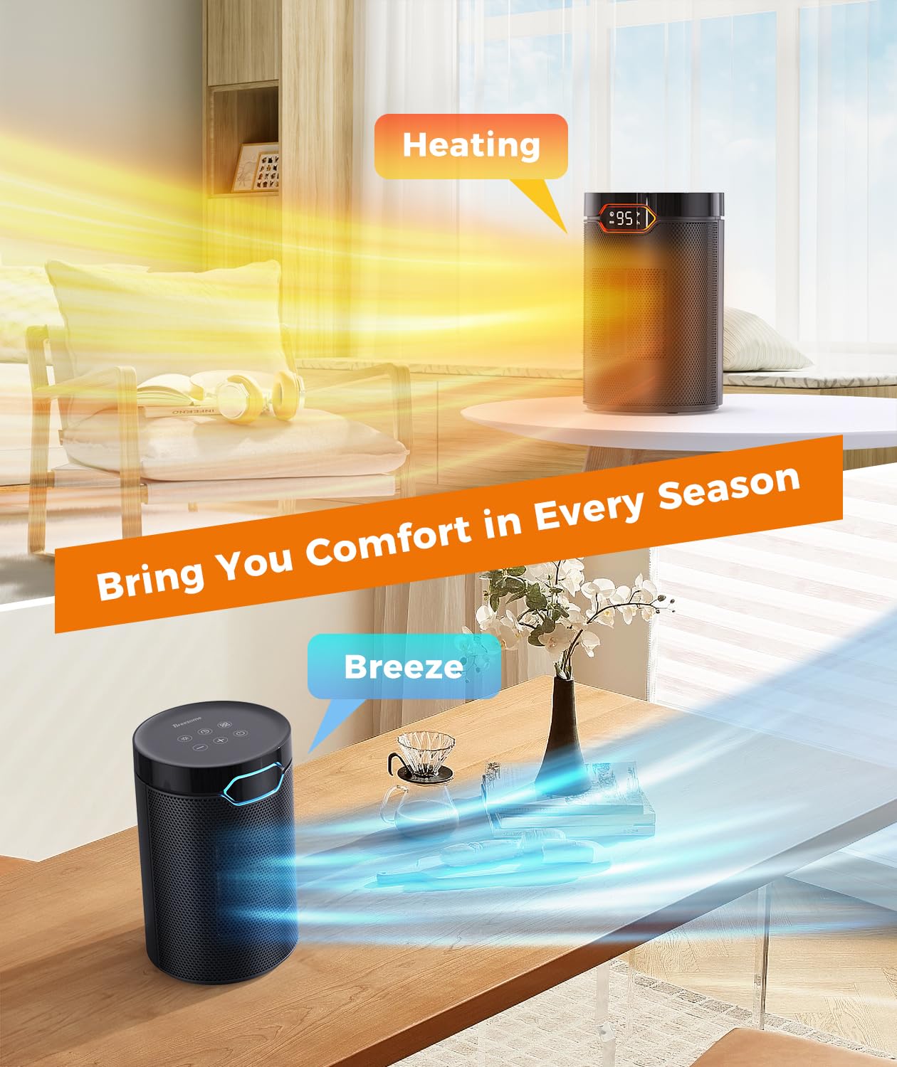 BREEZOME space heater portable design allows easy relocation