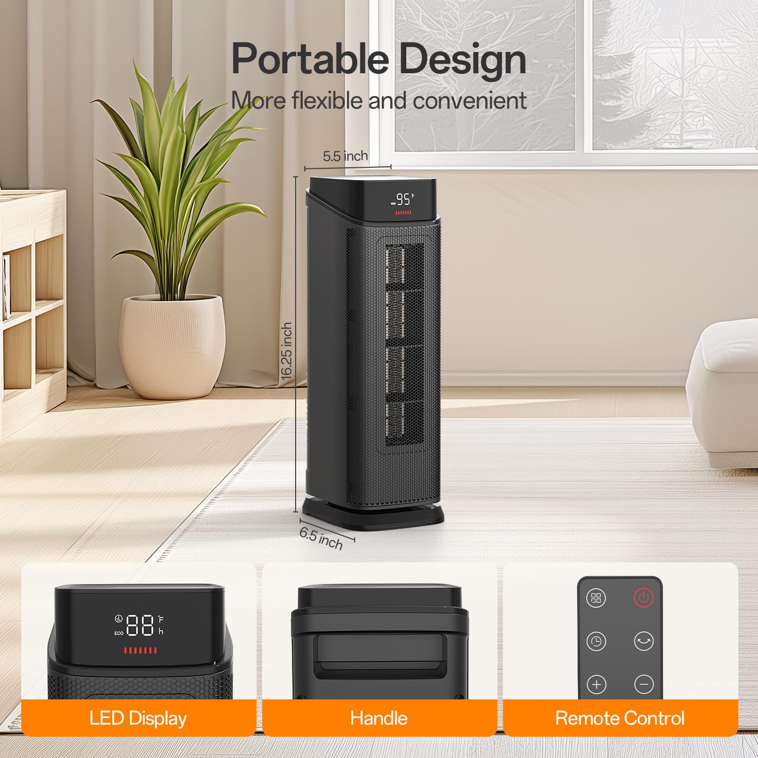 BREEZOME space heater portable handle enables easy room-to-room warmth.