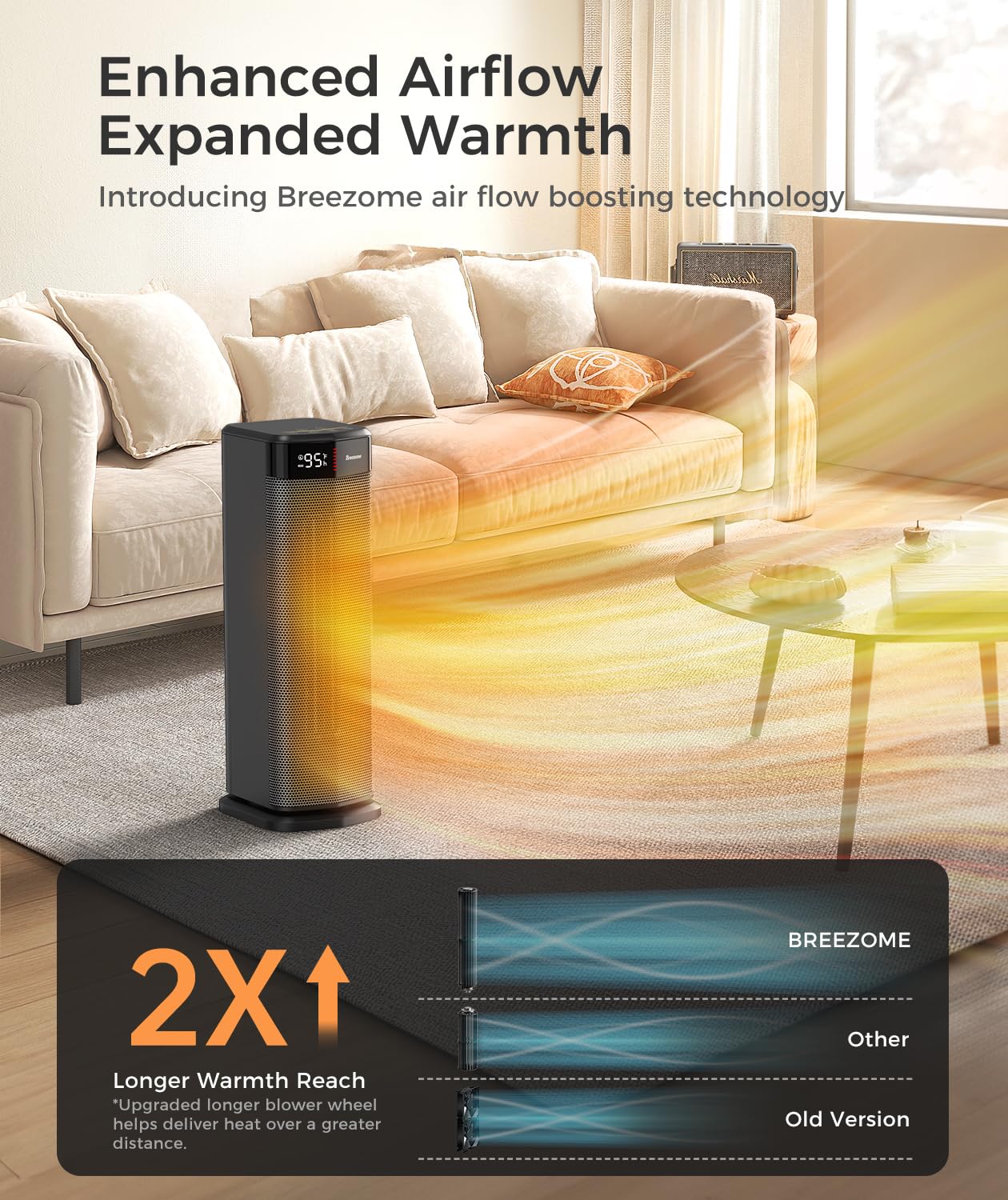 BREEZOME space heater operates quietly for undisturbed sleep.