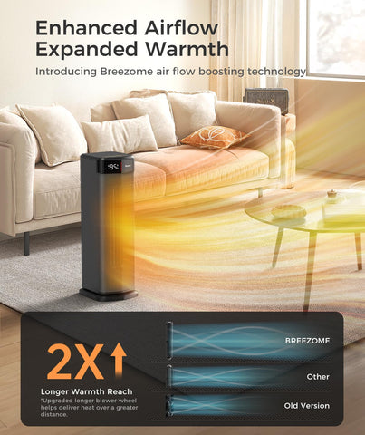 BREEZOME space heater operates quietly for undisturbed sleep.