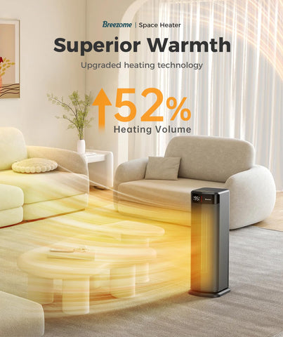 BREEZOME space heater with thermostat control for precise temperature.