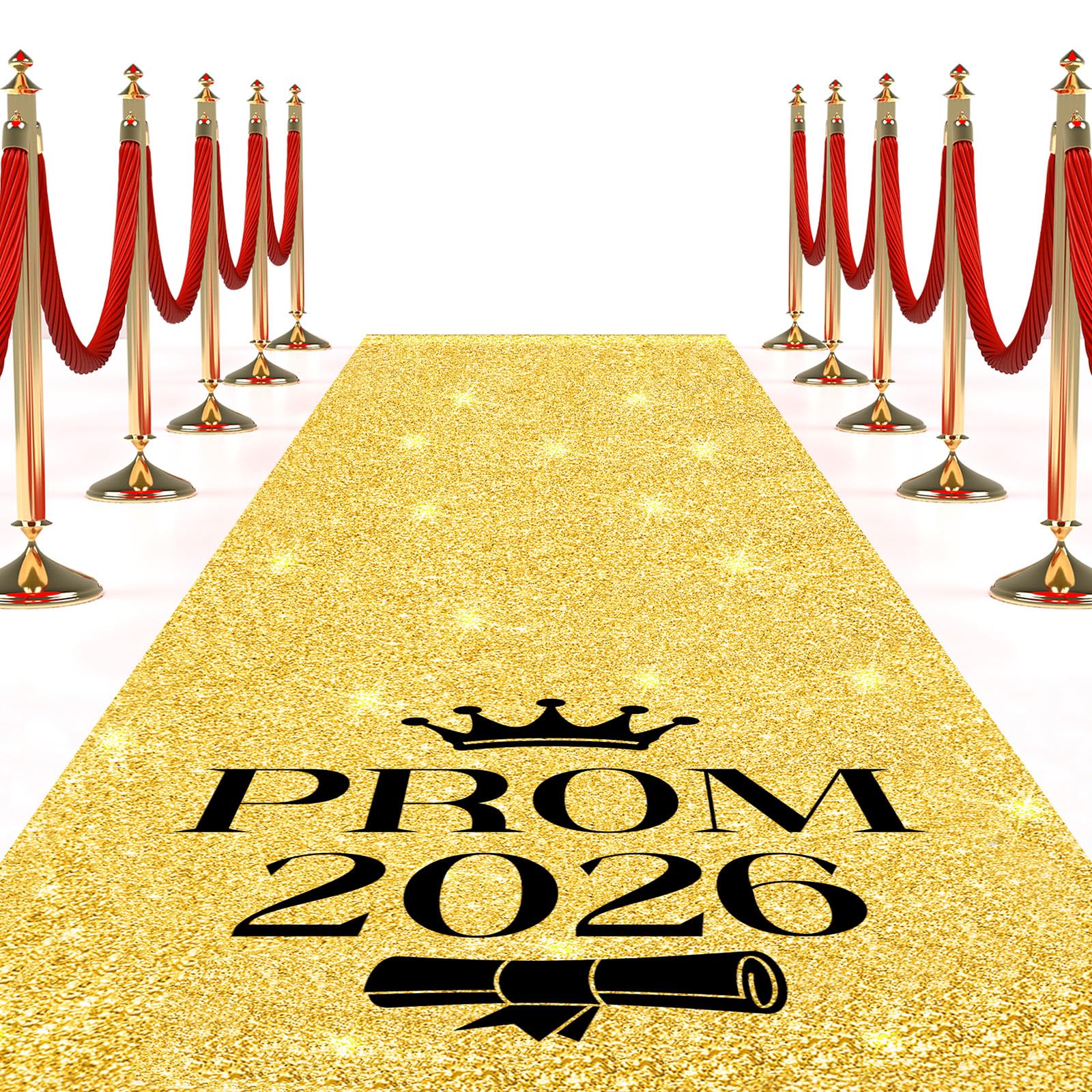 Breling Prom 2026 gold carpet runner guides graduates down a radiant aisle.