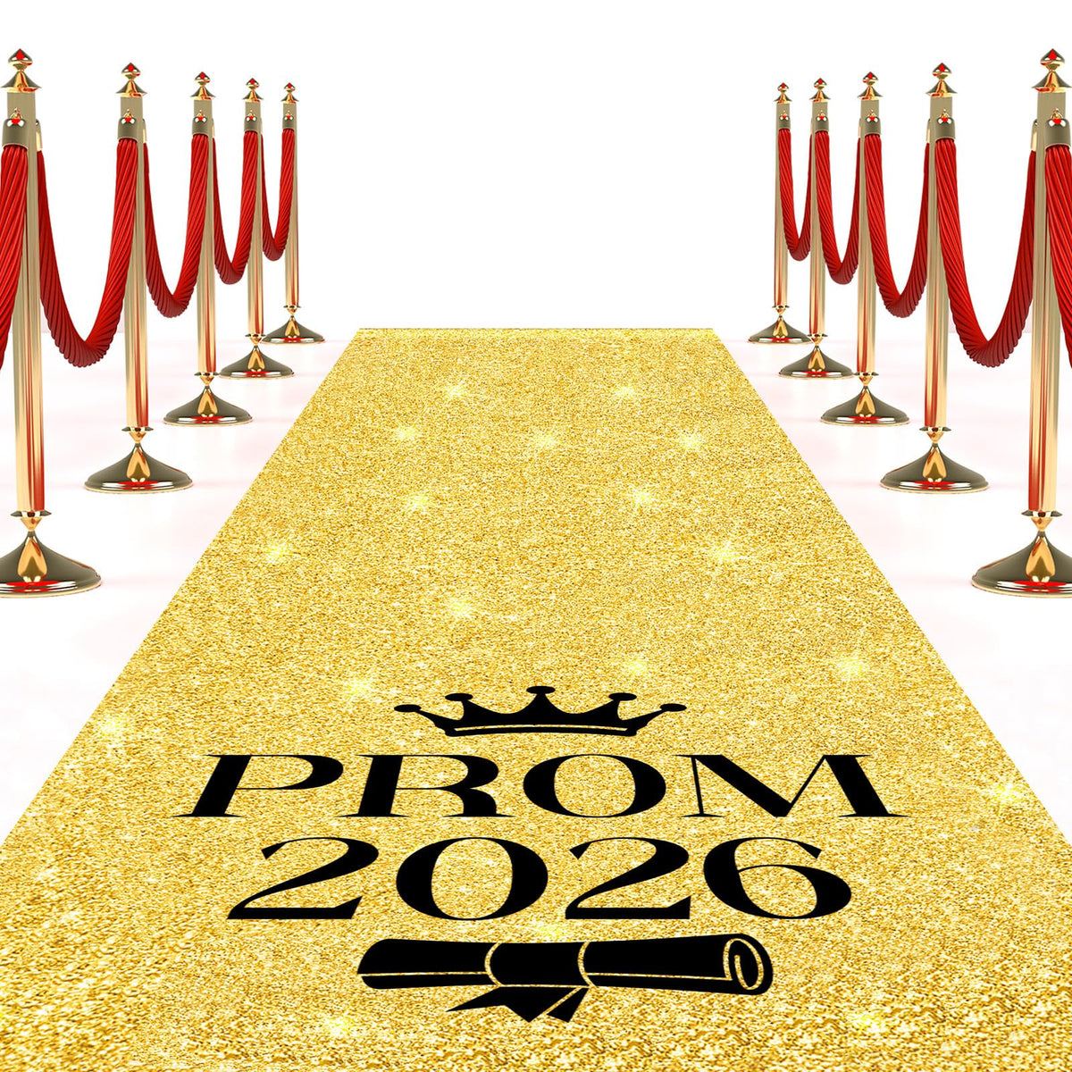 Breling Prom 2026 gold carpet runner guides graduates down a radiant aisle.