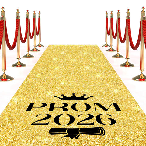Breling Prom 2026 gold carpet runner guides graduates down a radiant aisle.