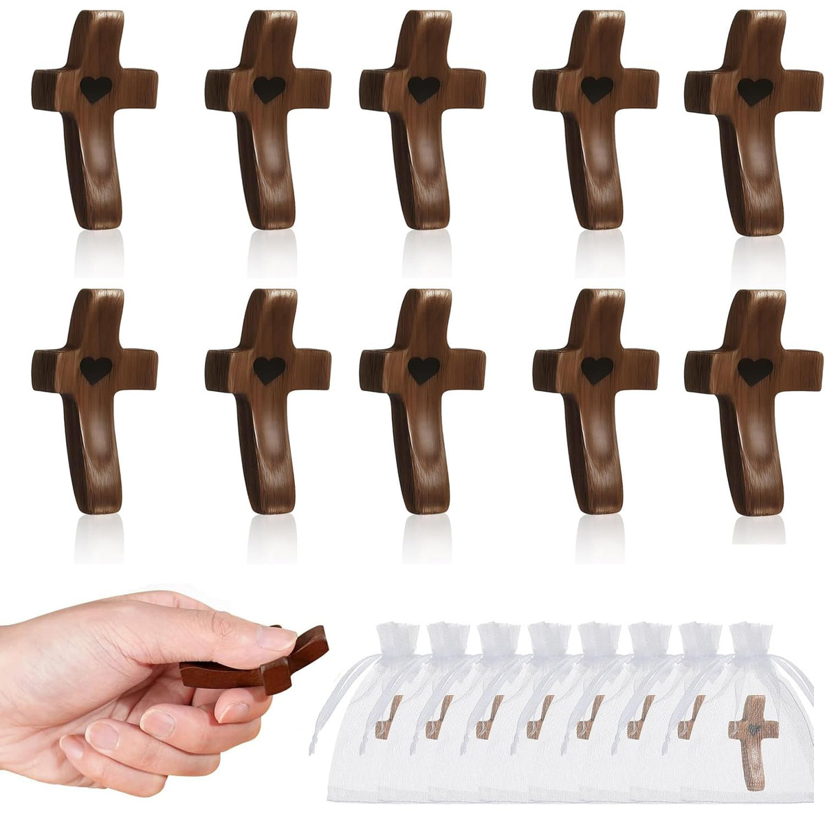 Brevynx handmade cross with heart detail in walnut wood for prayer and focus.