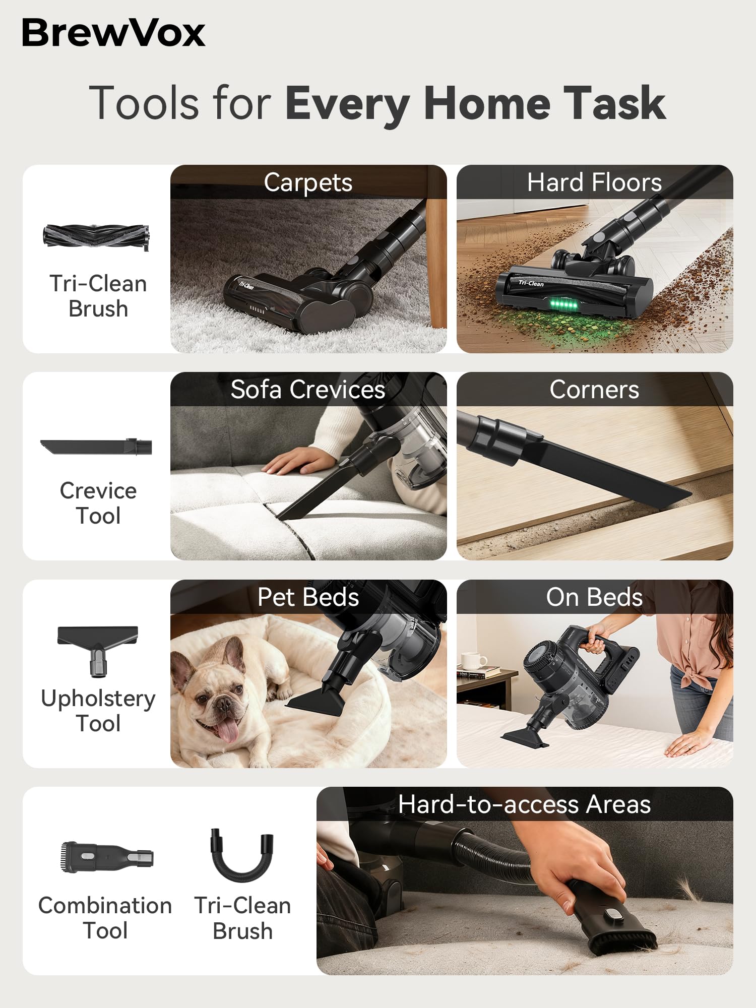 BrewVox attachments including upholstery, crevice, and brush tools.