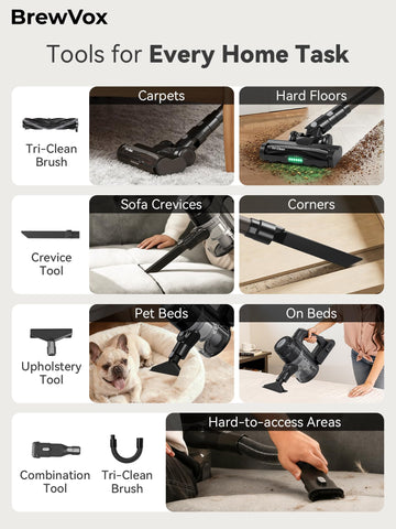 BrewVox attachments including upholstery, crevice, and brush tools.