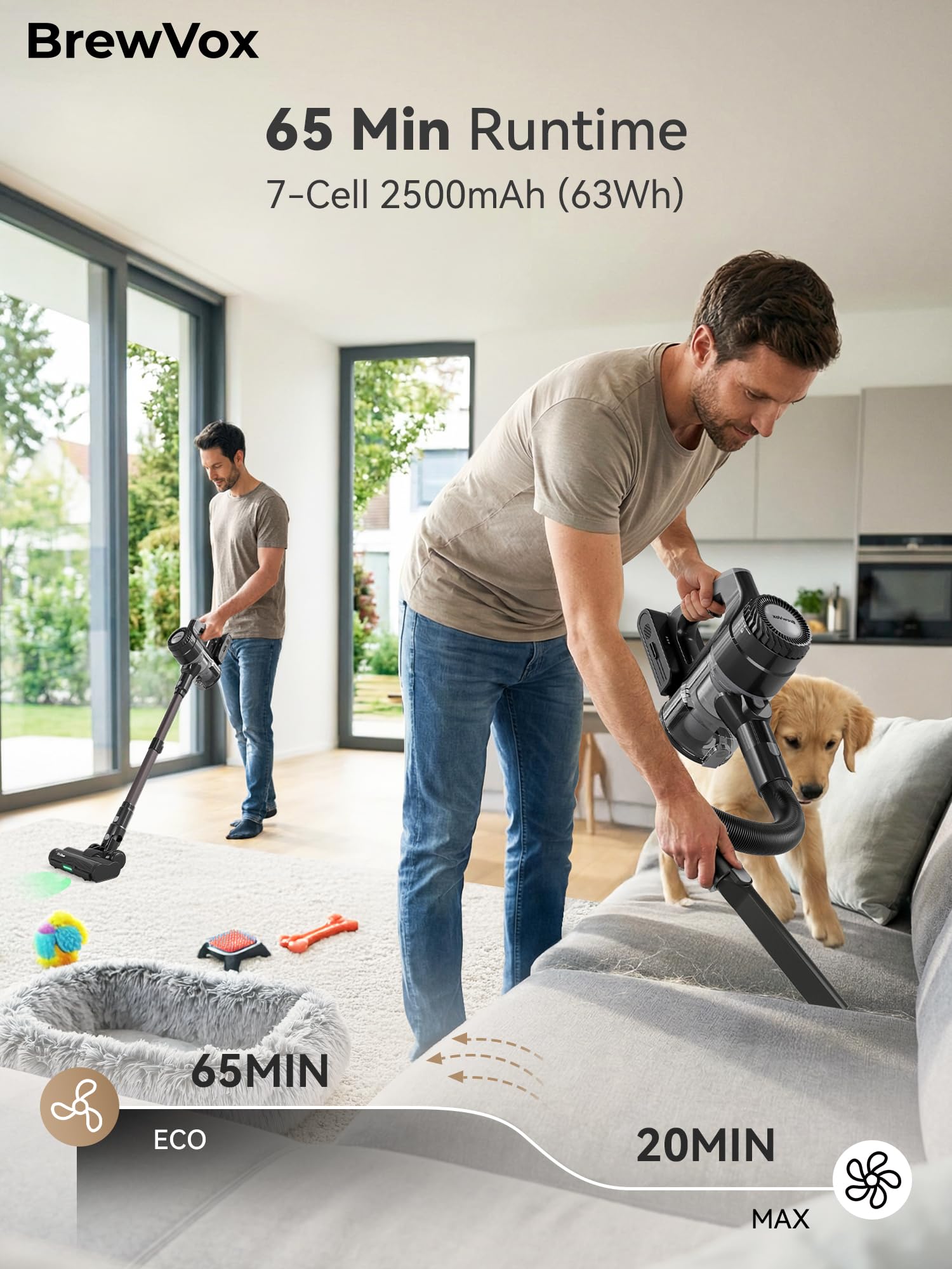 BrewVox quick charge in 2.5 hours for uninterrupted cleaning.