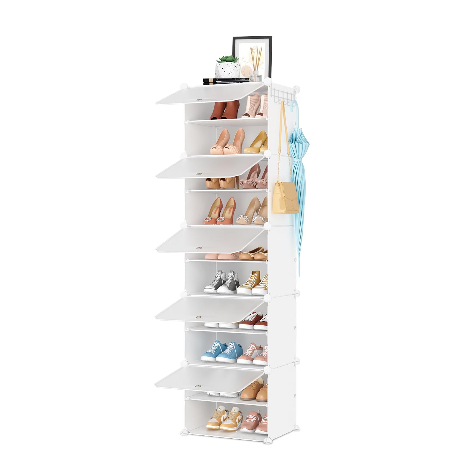 BrFoYu 10-tier shoe rack with door in white, sturdy entryway storage.
