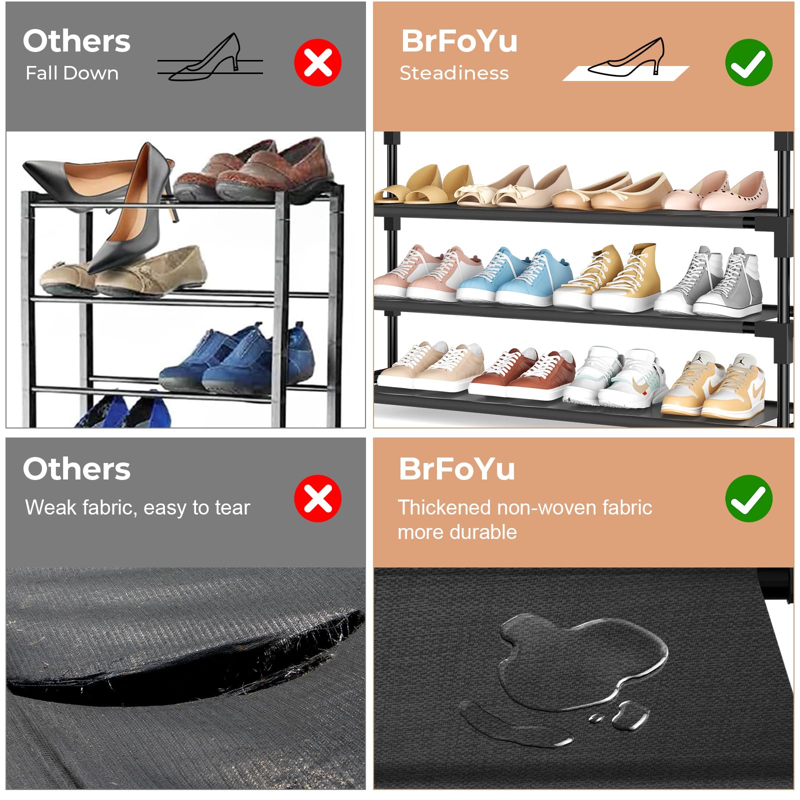 BrFoYu 5-Tier Shoe Rack holds boots and sneakers with adjustable height.