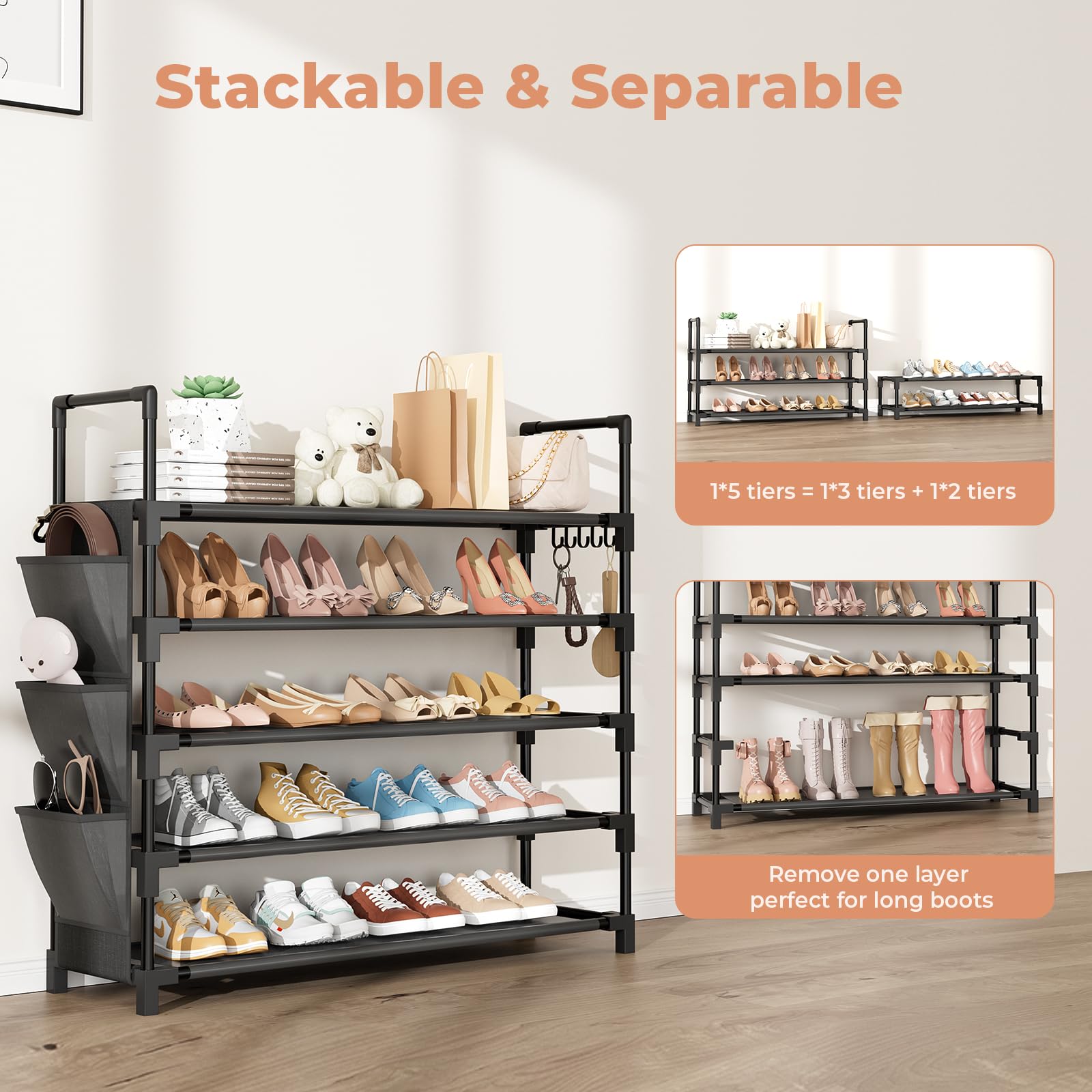 BrFoYu 5-Tier Shoe Rack in closet maximizes vertical shoe storage.