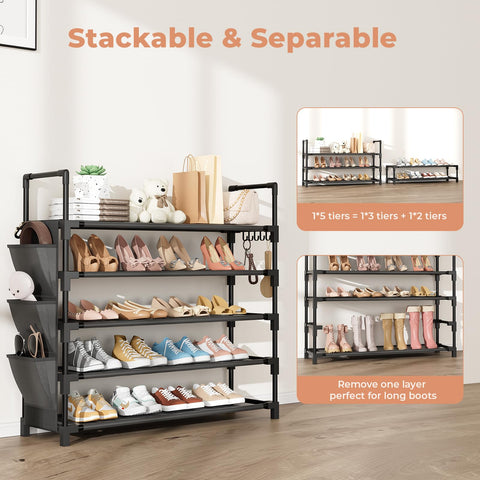 BrFoYu 5-Tier Shoe Rack in closet maximizes vertical shoe storage.