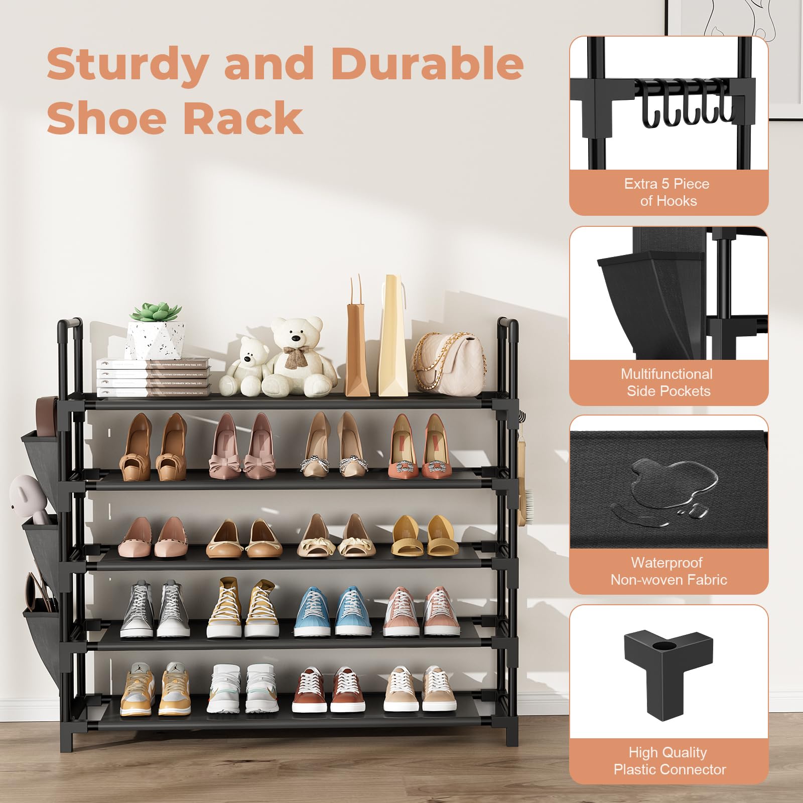 BrFoYu 5-Tier Shoe Rack stackable design for flexible room organization.
