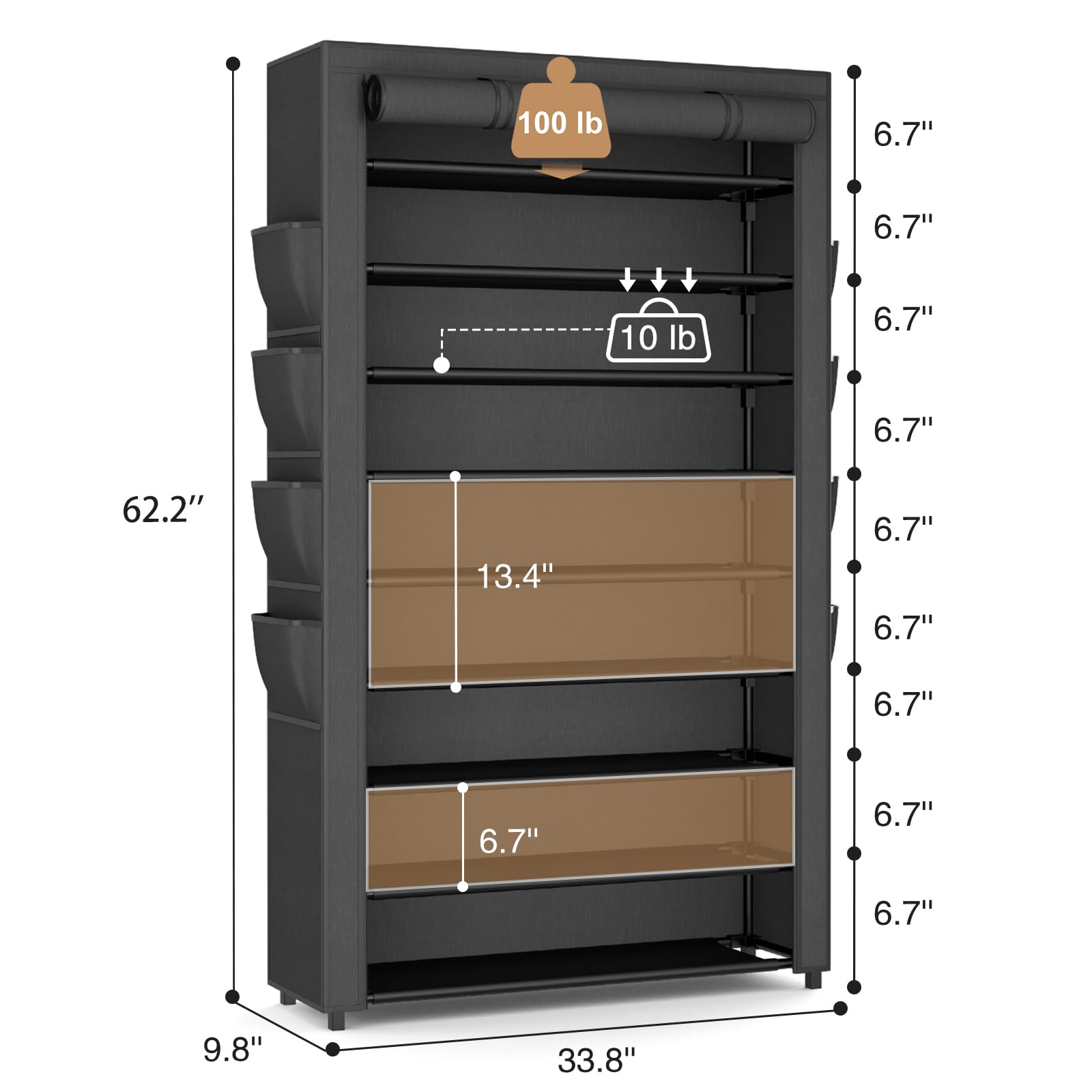 BrFoYu metal frame with fabric shelves supports heavyweight boots and sneakers.