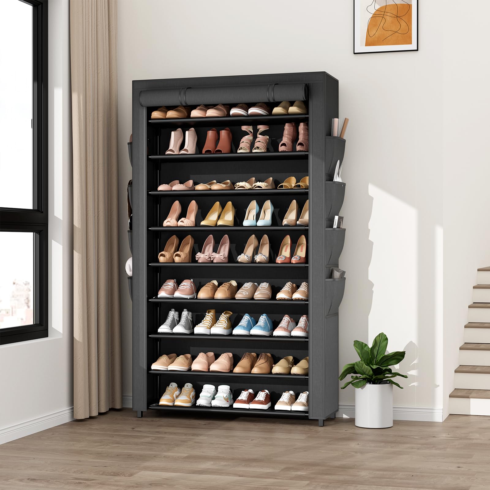 BrFoYu wide-standing rack holds 40 plus pairs for family shoe organization.
